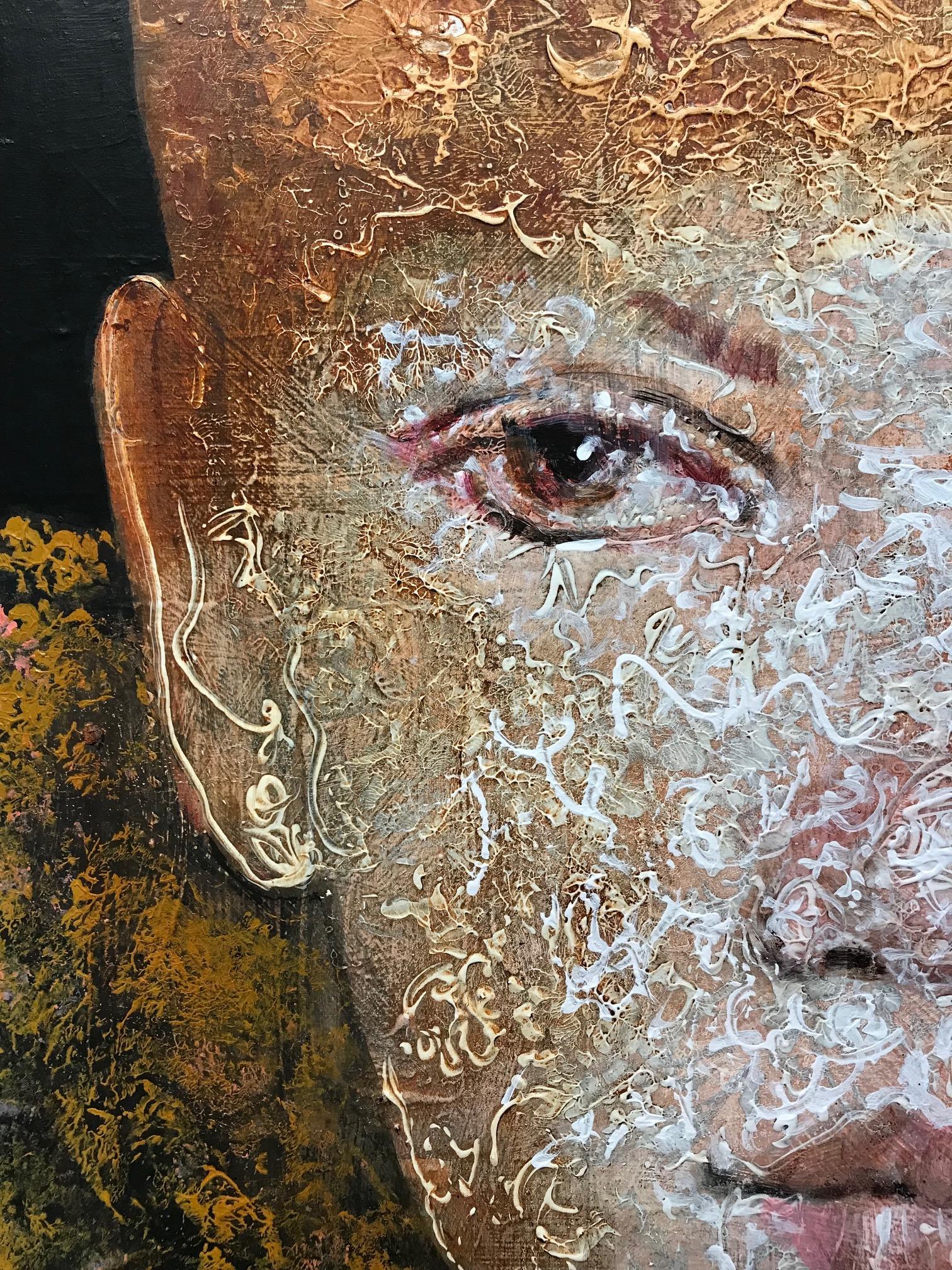 ''Girl'' Peinture hollandaise contemporaine d'une petite fille au chapeau jaune - Contemporain Painting par Edith Snoek