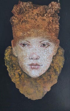 ''Girl'' Dutch Contemporary Portrait Painting of a Little Girl with Yellow Hat