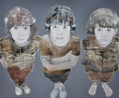 Blick nach oben'' Niederländisches zeitgenössisches Porträtgemälde von drei kleinen Mädchen