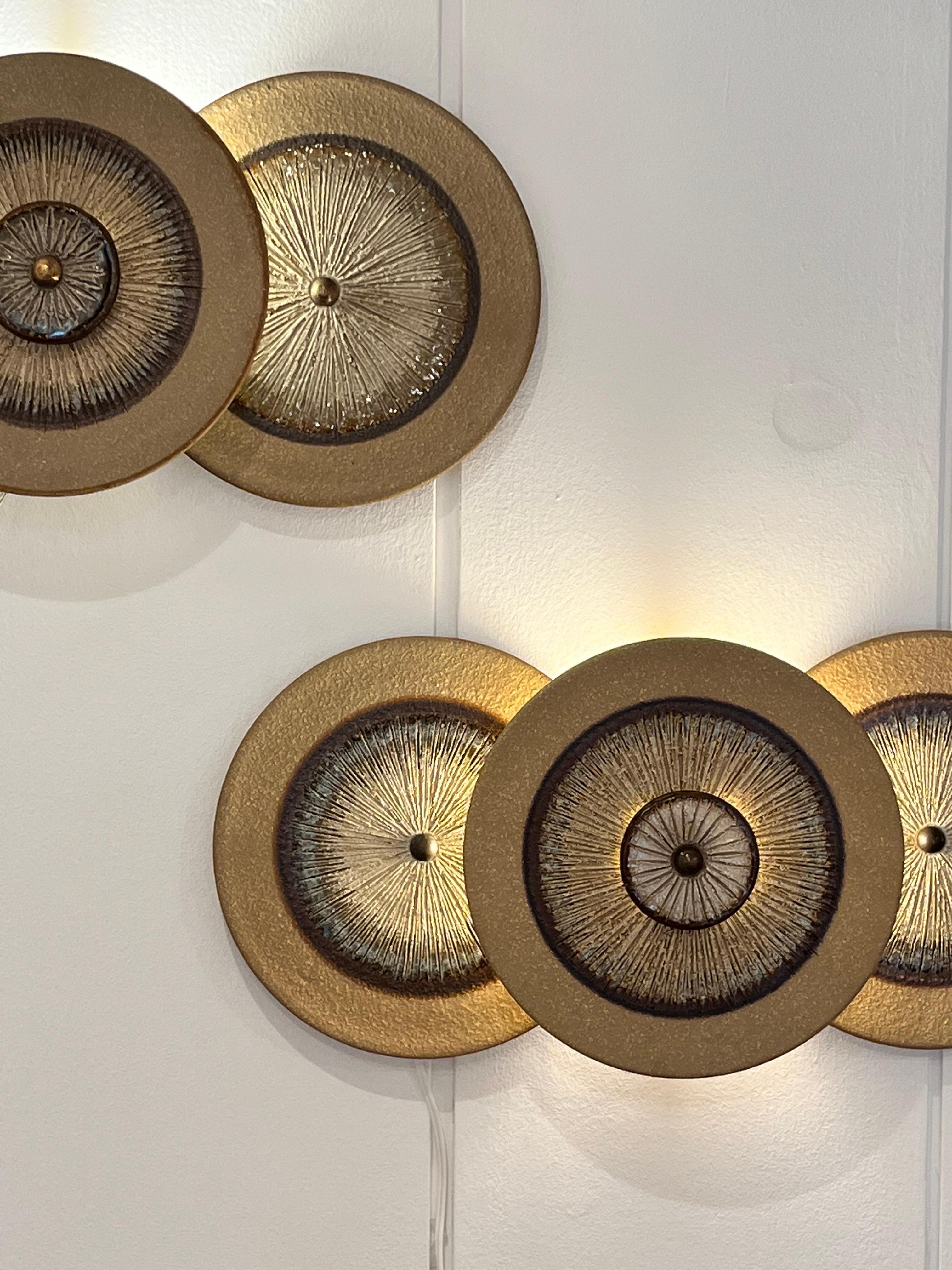 Mid-Century Modern Edition Soholm - Hand-Painted Ceramic Wall Sconce with 3 Discs, Denmark 1970