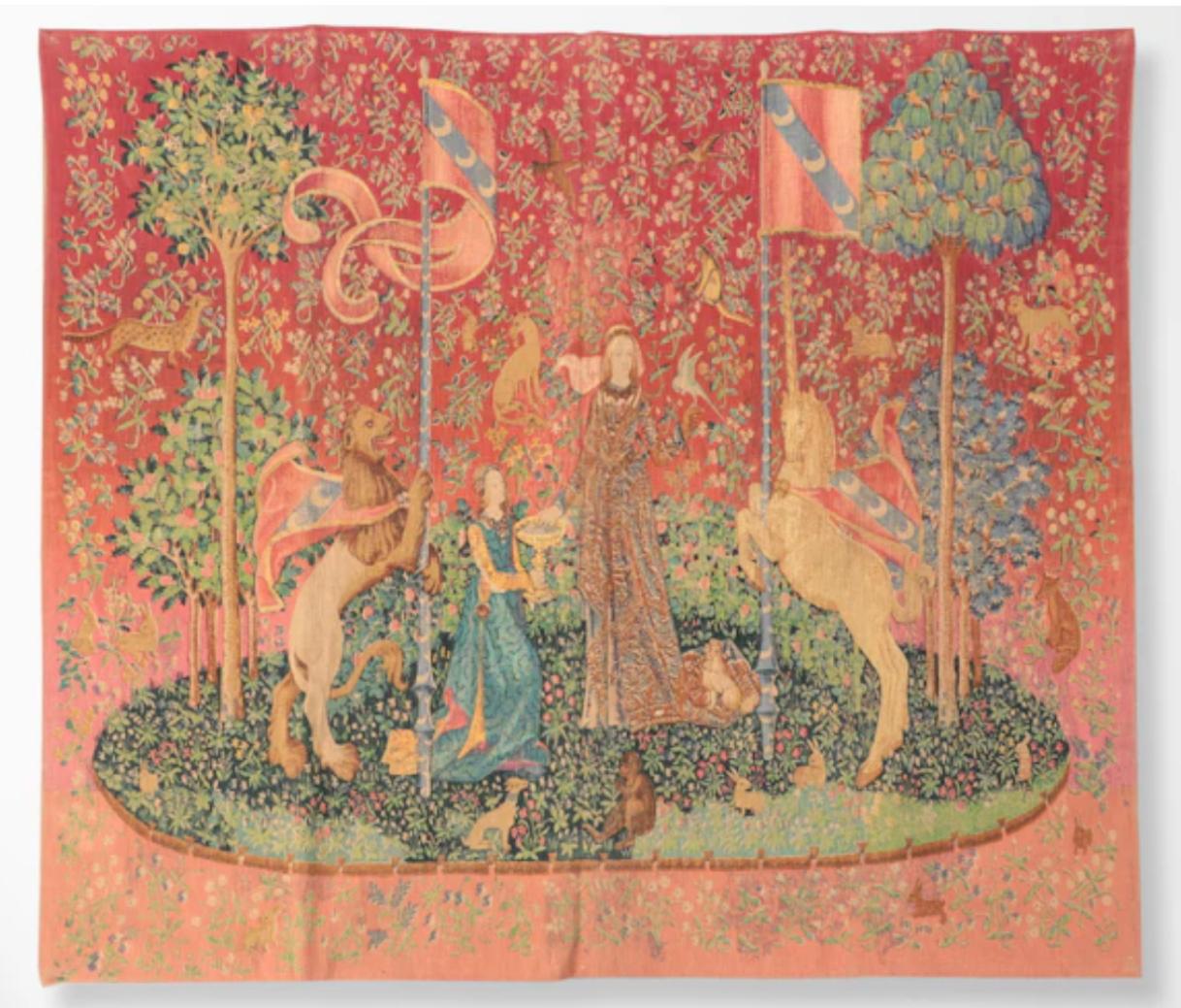 This tapestry is a hand made reproduction after an original 16th century tapestry titled La Dame à la licorne by Editions d’Art de Rambouillet of the French company de Rambouillet, referring to the techniques used in the seventeenth century,