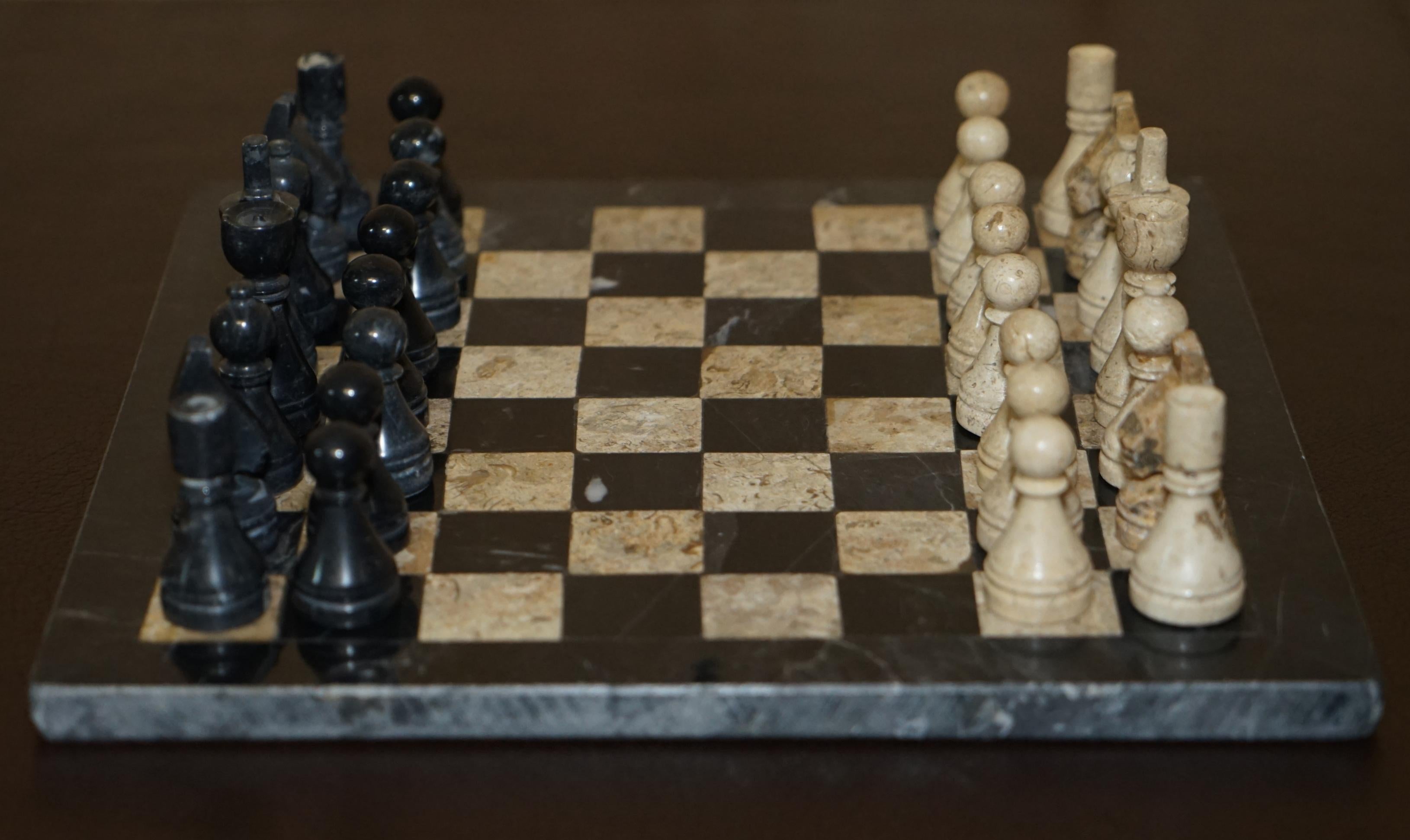Editors Choice Stunning Antique Solid Italian Marble Chessboard & Pieces Set 5