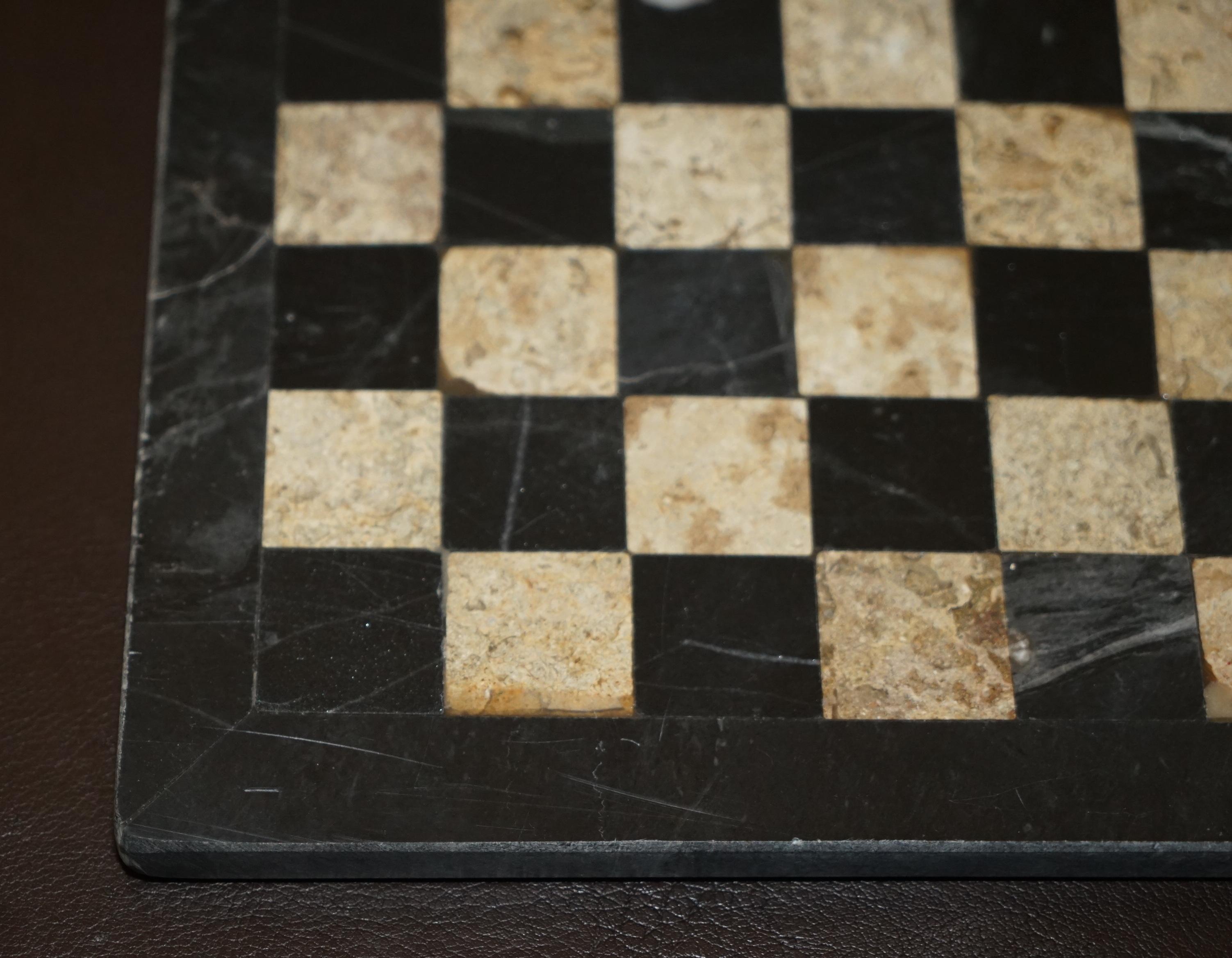 Editors Choice Stunning Antique Solid Italian Marble Chessboard & Pieces Set 12