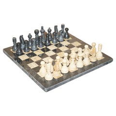 Editors Choice Stunning Antique Solid Italian Marble Chessboard & Pieces Set