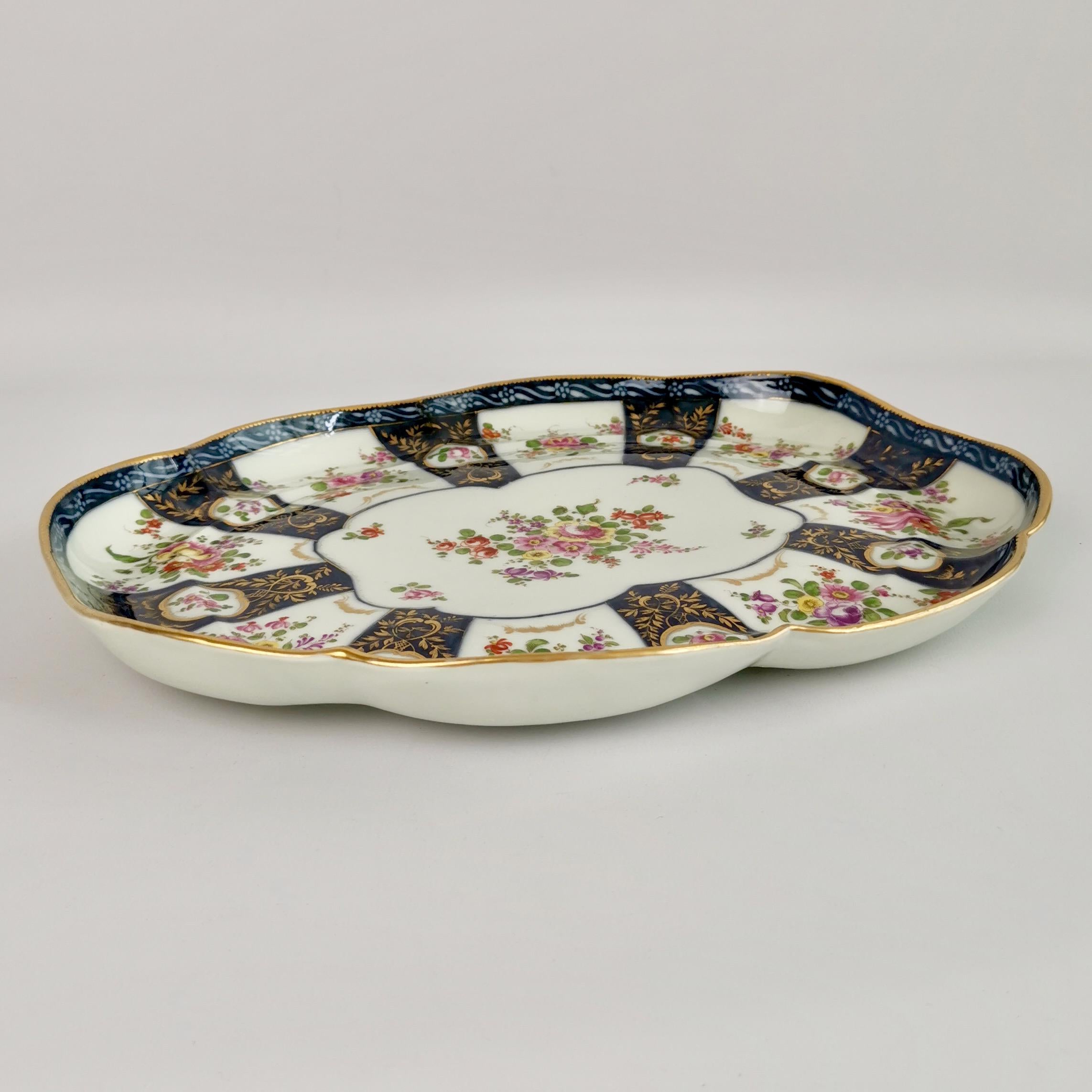 Edmé Samson Porcelain Cabaret Tray, Worcester Style Blue with Flowers, 19th C For Sale 1