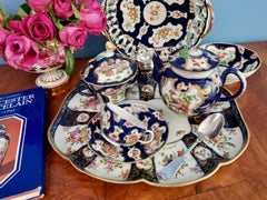 Edmé Samson Porcelain Cabaret Tray, Worcester Style Blue with Flowers, 19th C