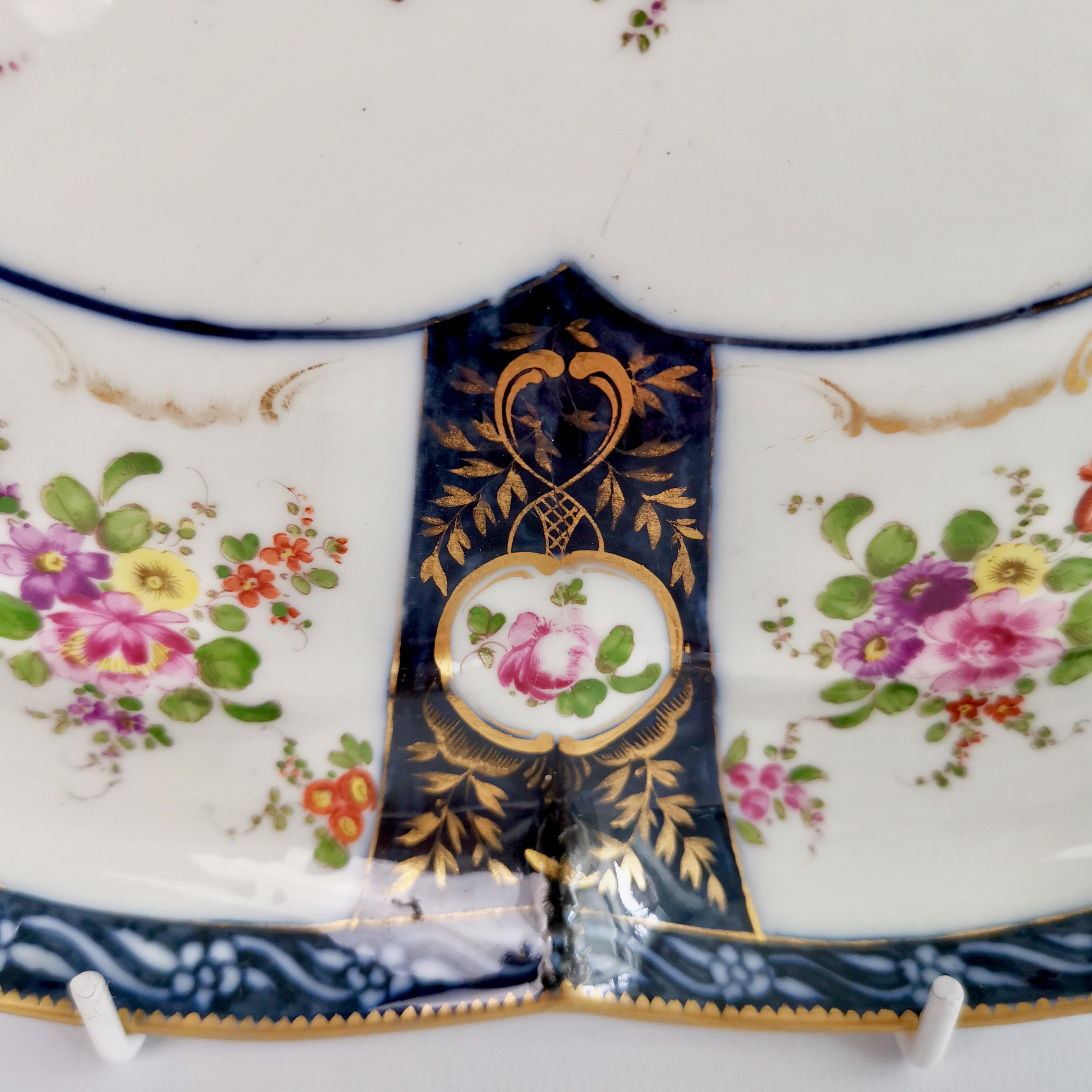 French Edmé Samson Porcelain Cabaret Tray, Worcester Style Blue with Flowers, 19th C For Sale
