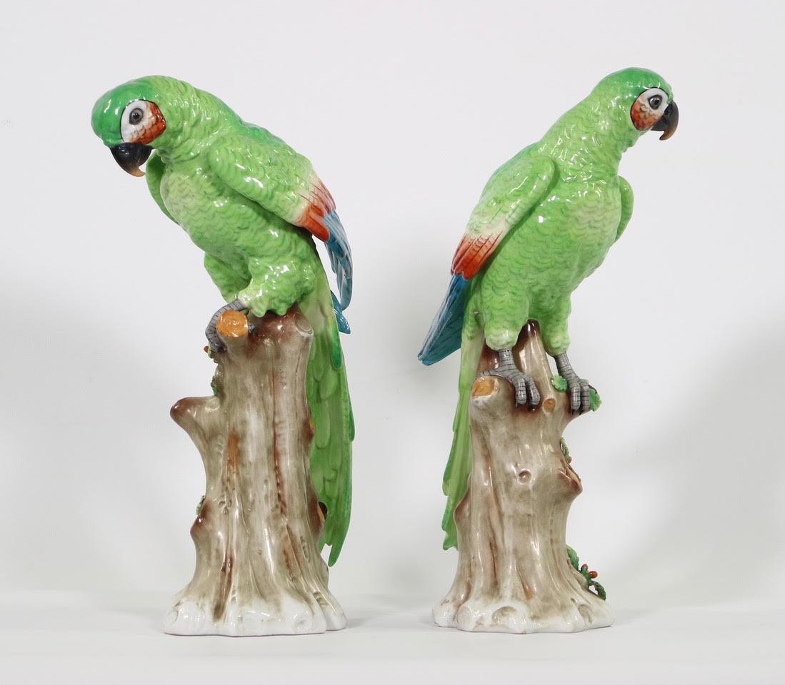 Baroque Revival Edme Samson Porcelain Parrots on Trunks in Green