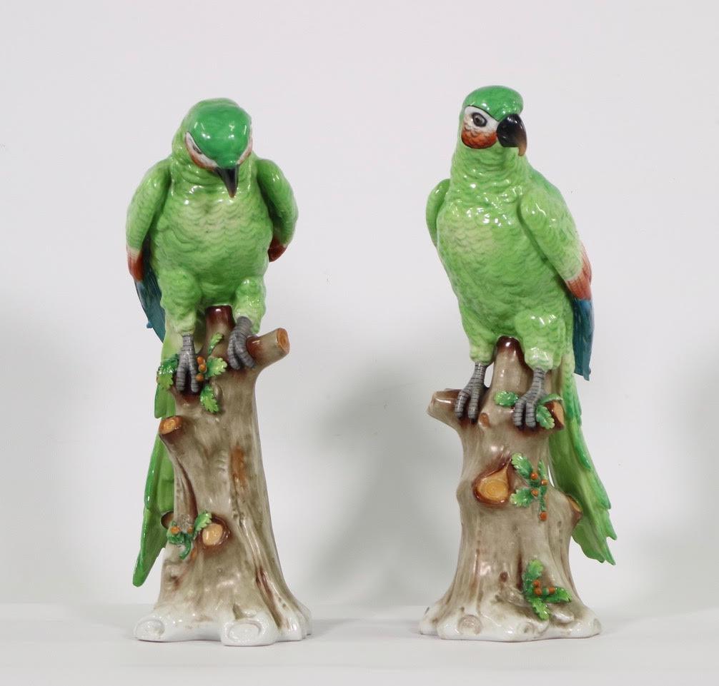 French Edme Samson Porcelain Parrots on Trunks in Green