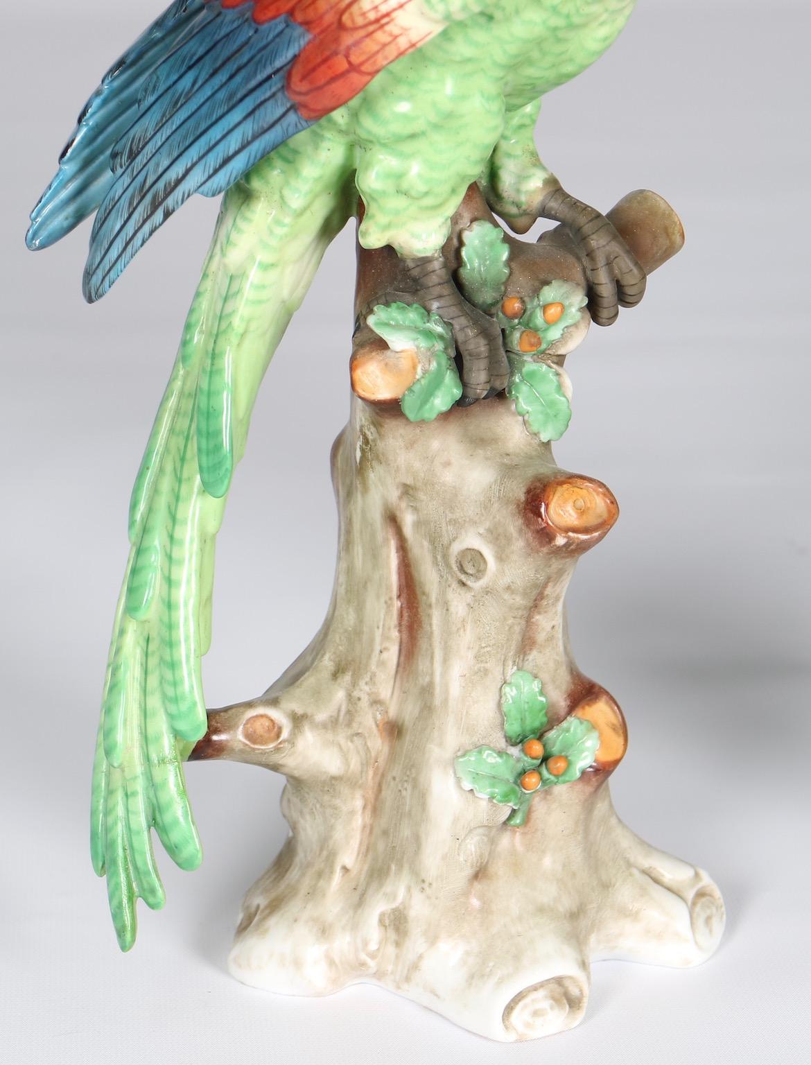 French Edme Samson Porcelain Parrots on Trunks in Green
