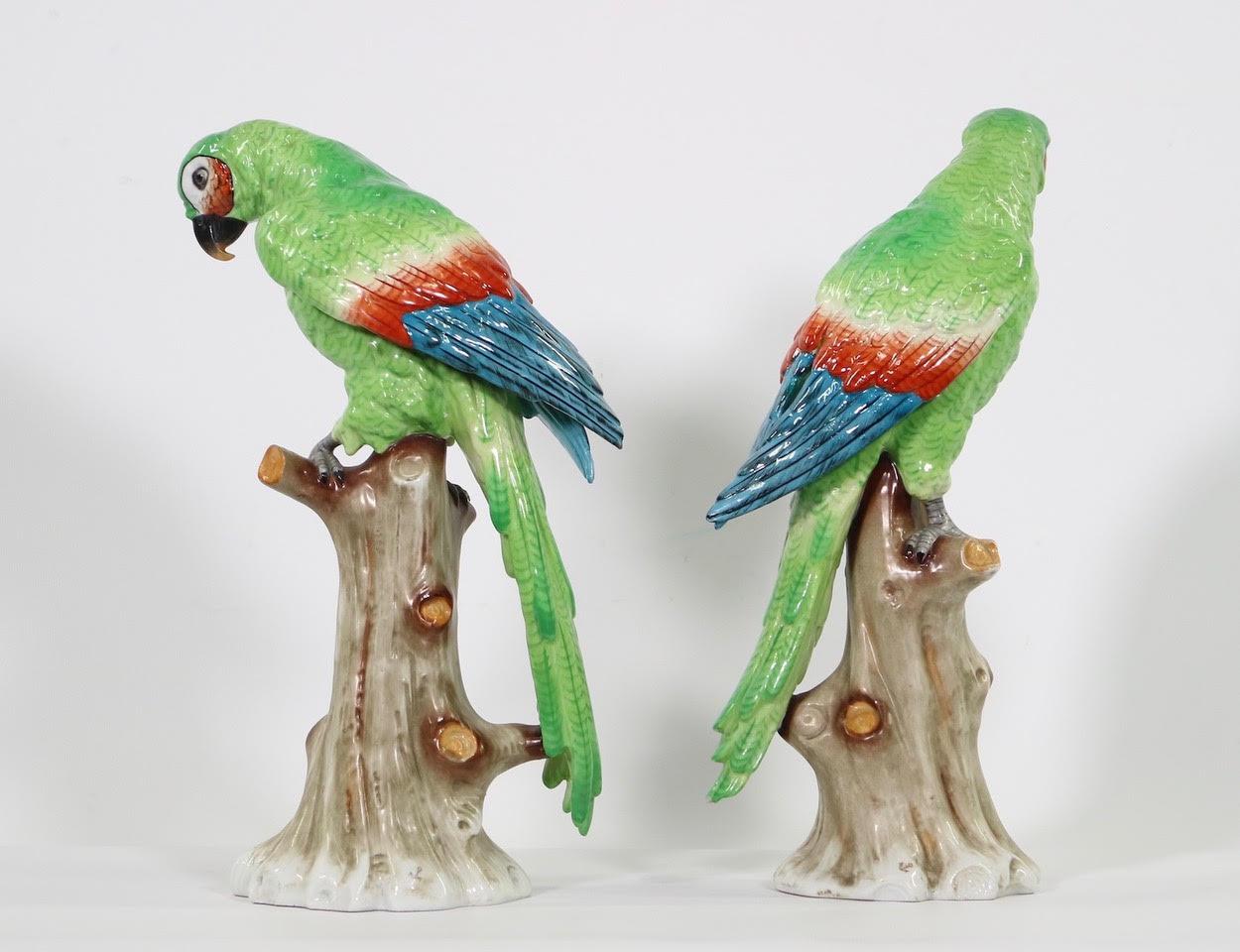 Glazed Edme Samson Porcelain Parrots on Trunks in Green