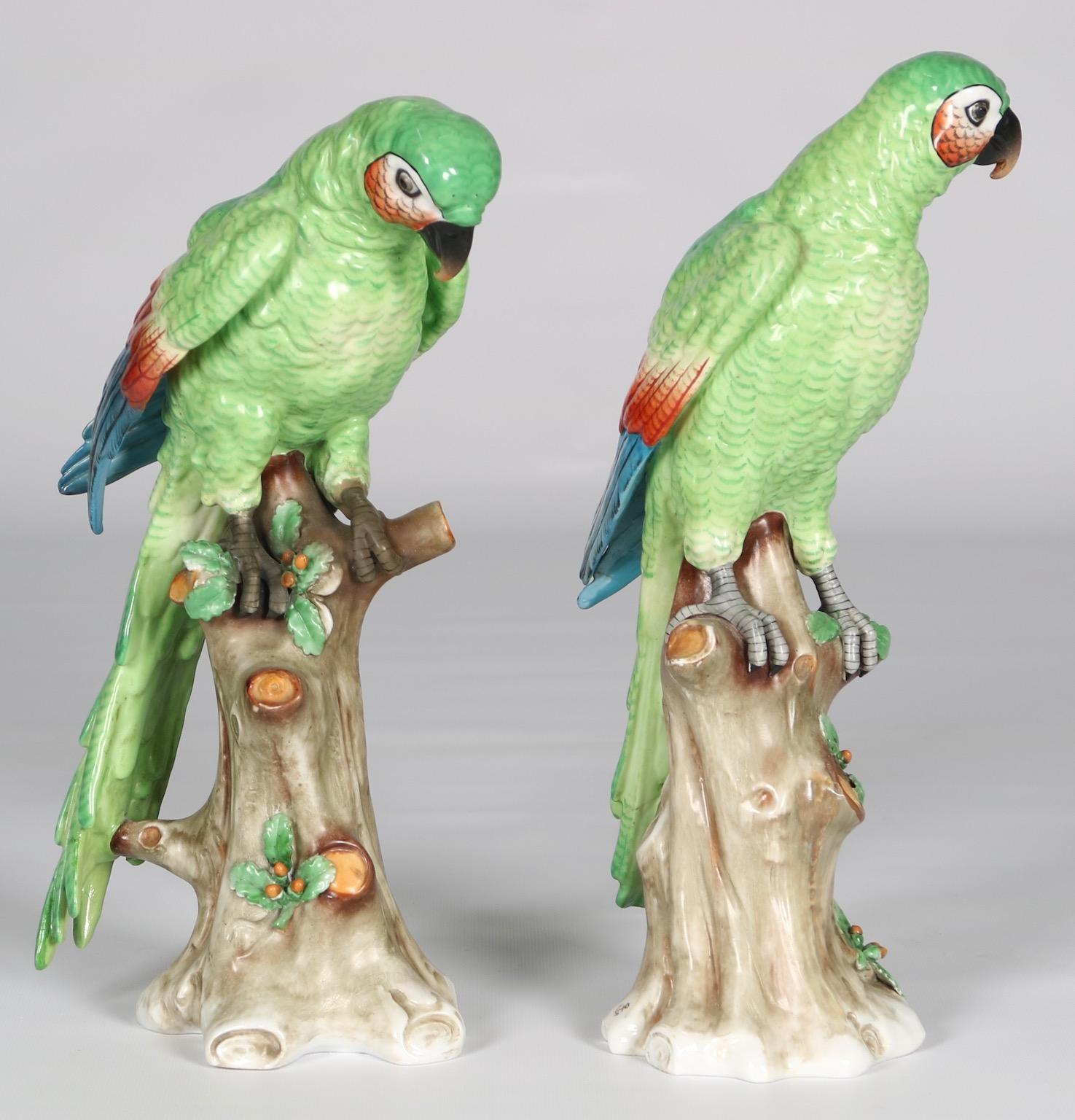 Glazed Edme Samson Porcelain Parrots on Trunks in Green