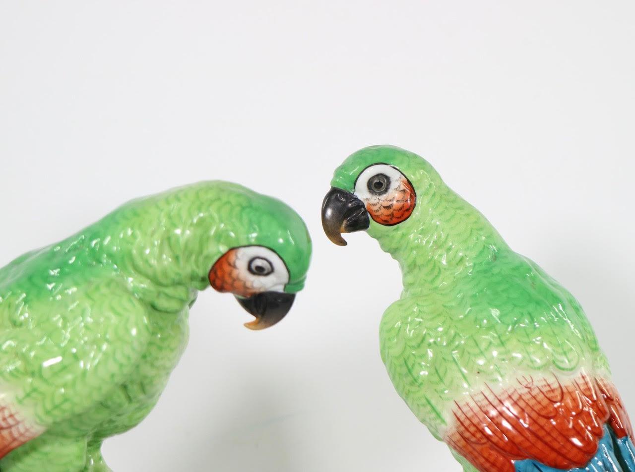 19th Century Edme Samson Porcelain Parrots on Trunks in Green