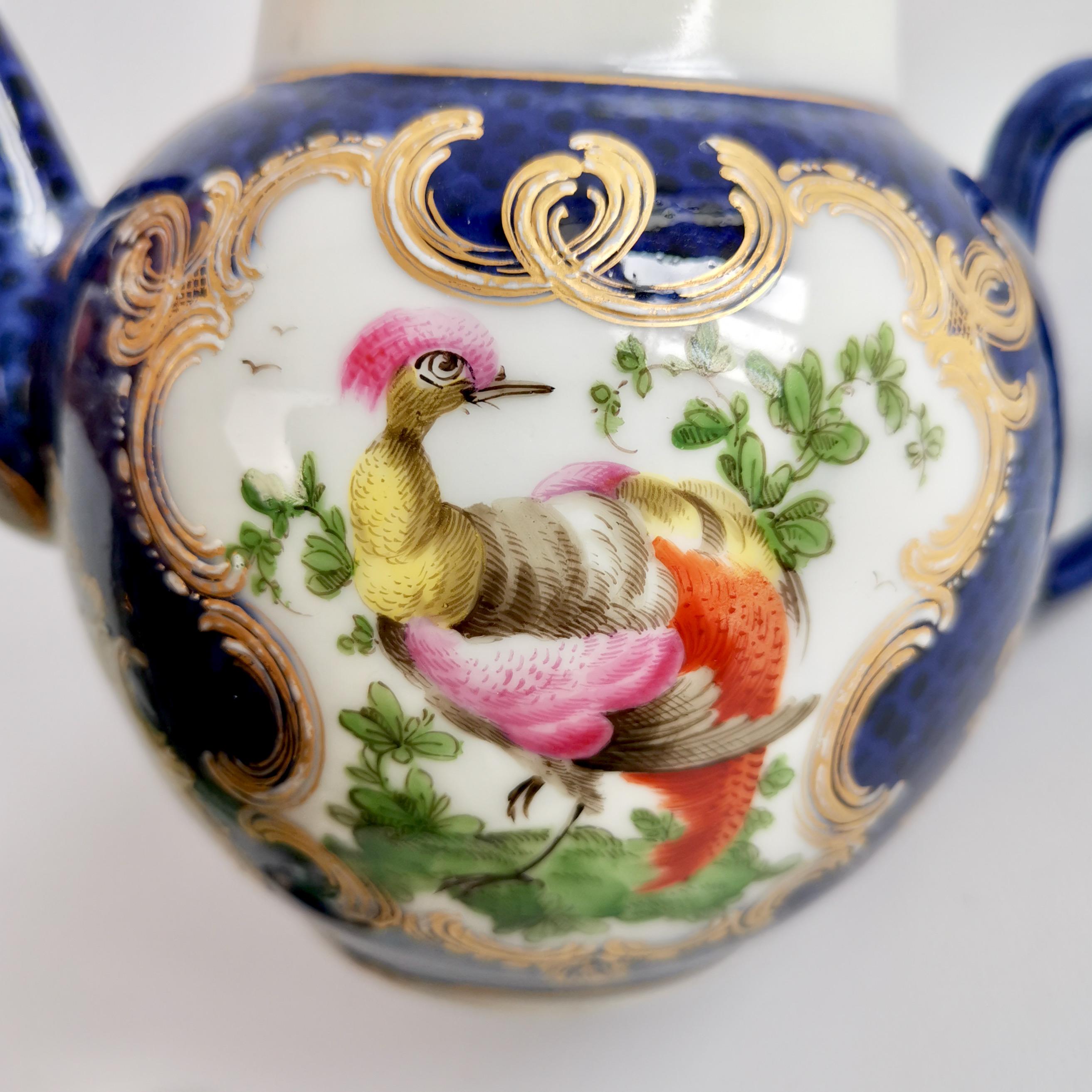 Rococo Edmé Samson Porcelain Teapot, Blue Scale with Birds Worcester Style, 19thC