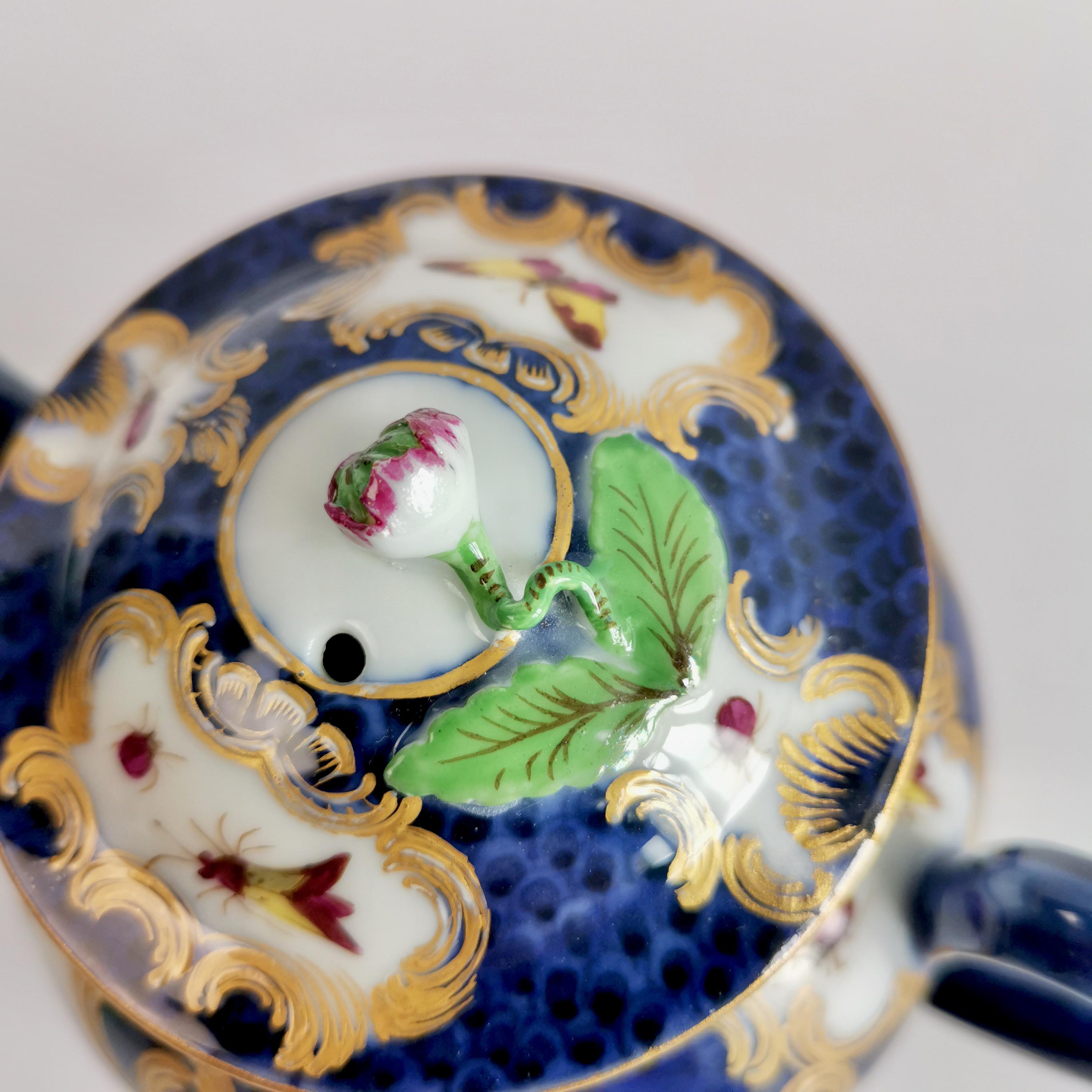 Hand-Painted Edmé Samson Porcelain Teapot, Blue Scale with Birds Worcester Style, 19thC