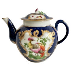 Edmé Samson Porcelain Teapot, Blue Scale with Birds Worcester Style, 19thC