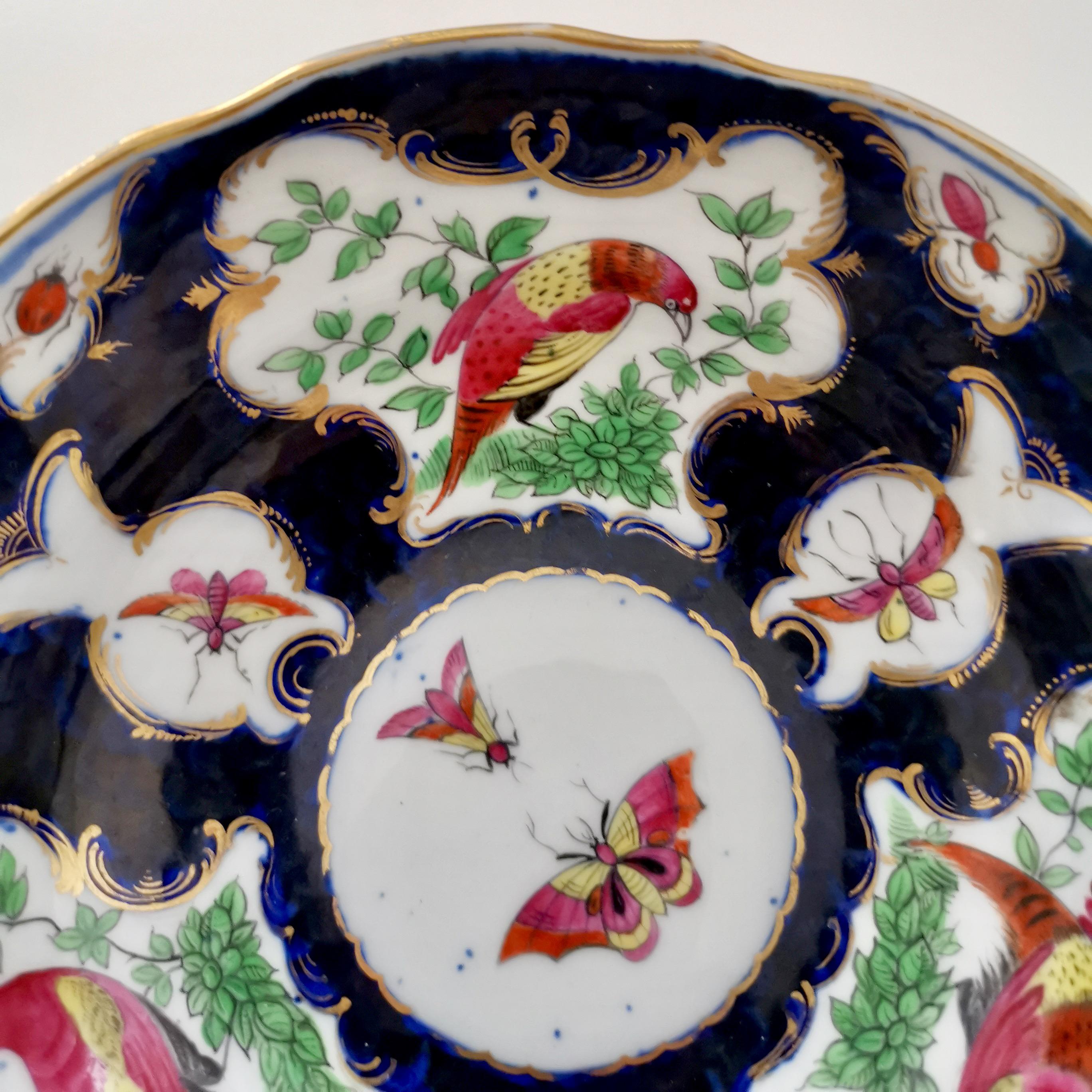 Rococo Edmé Samson Small Porcelain Bowl, Worcester Style Blue Scale Birds, 19thC