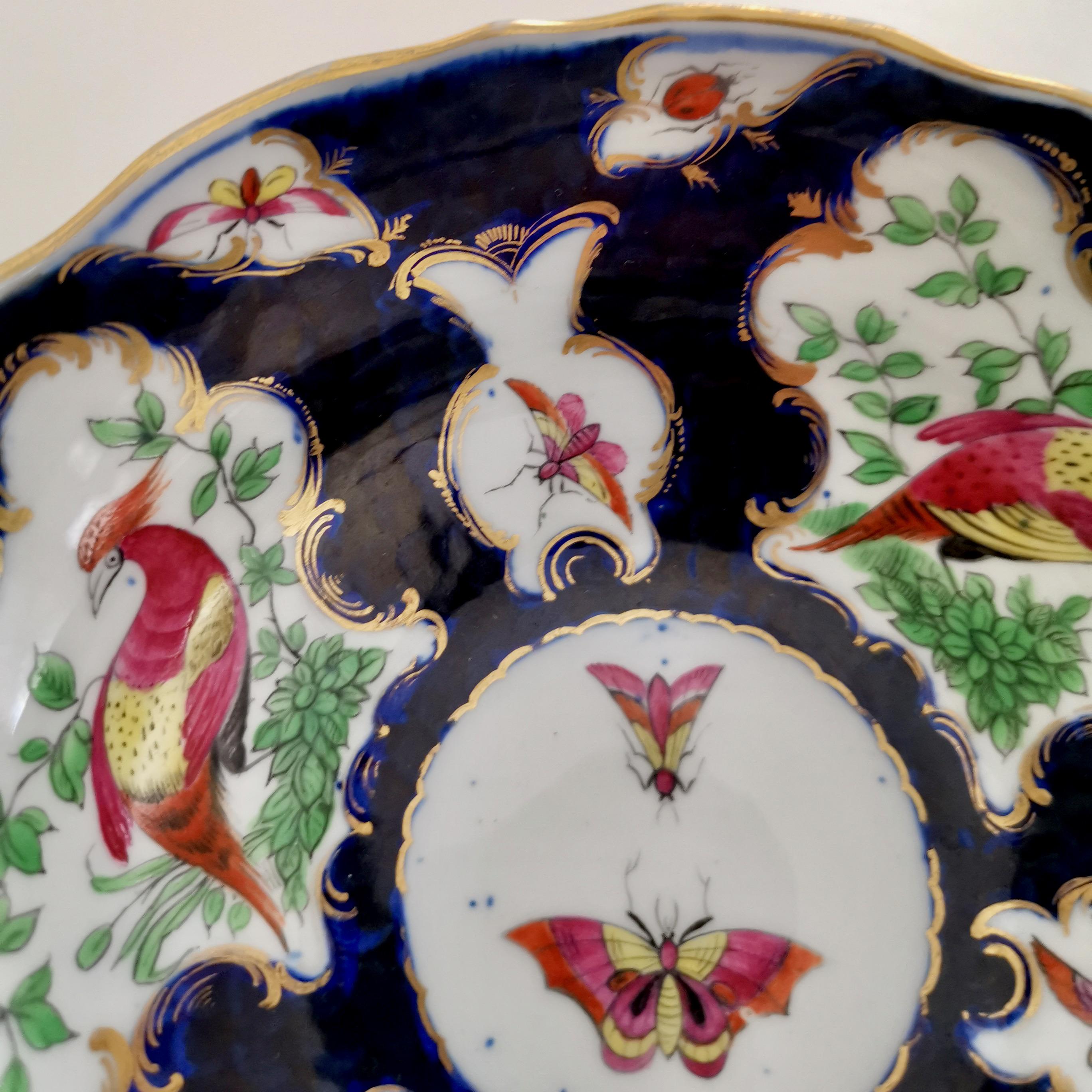 Hand-Painted Edmé Samson Small Porcelain Bowl, Worcester Style Blue Scale Birds, 19thC