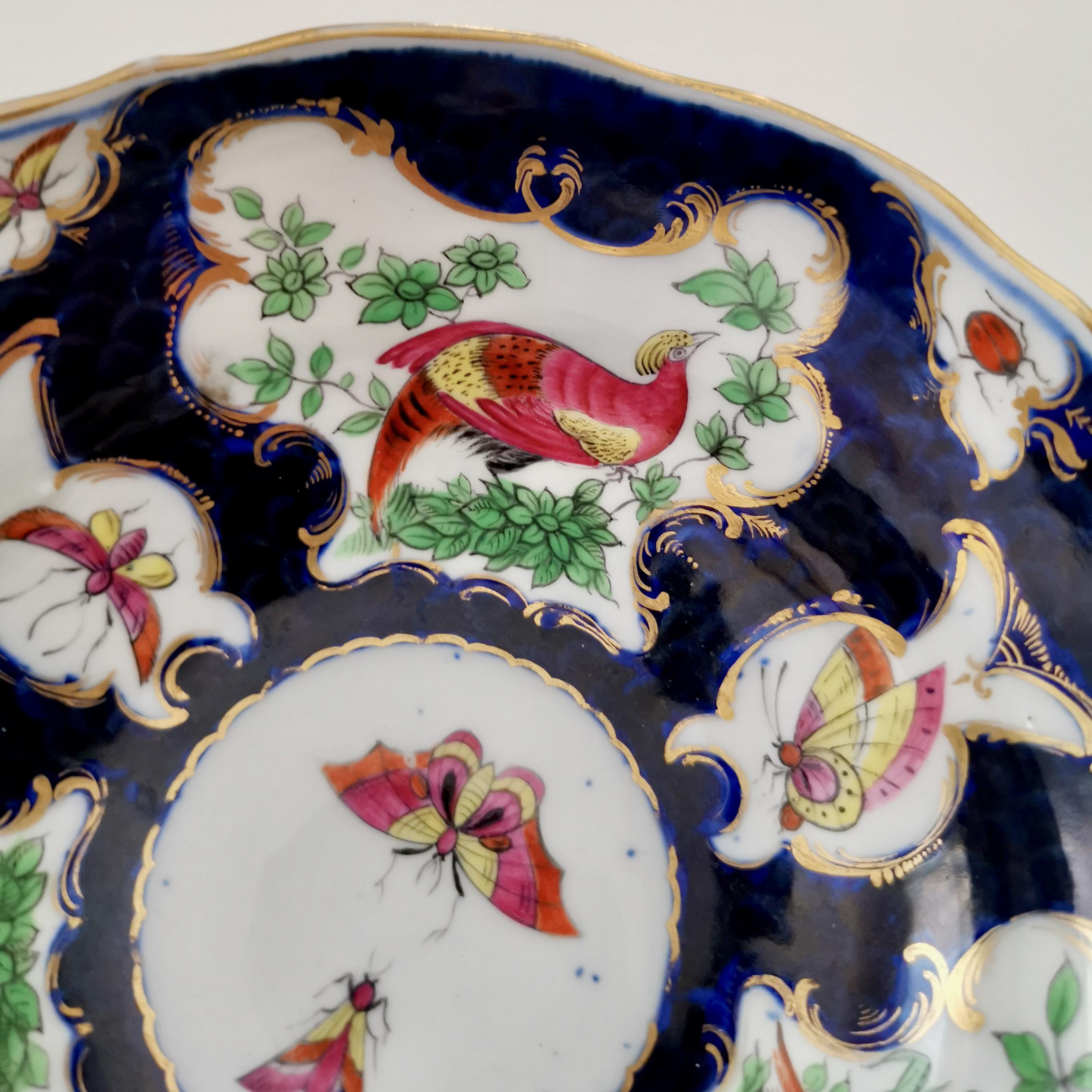 19th Century Edmé Samson Small Porcelain Bowl, Worcester Style Blue Scale Birds, 19thC