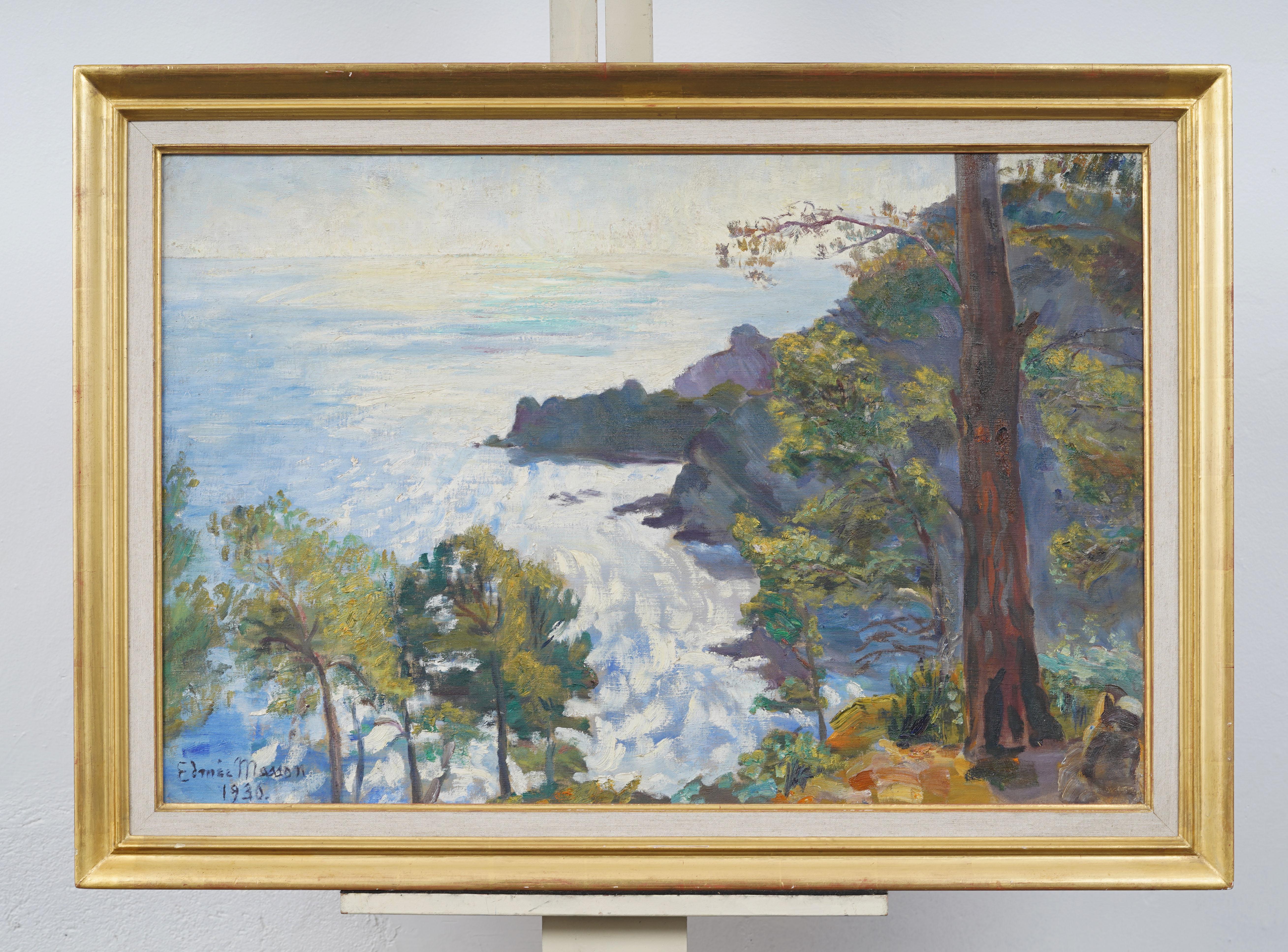 Antique French impressionist coastal Riviera seascape oil painting. Oil on canvas. Signed.  Framed. Measuring: 26 by 36 inches overall, and 22 by 32 painting alone.  In excellent original condition. Handsomely framed in a giltwood molding. 