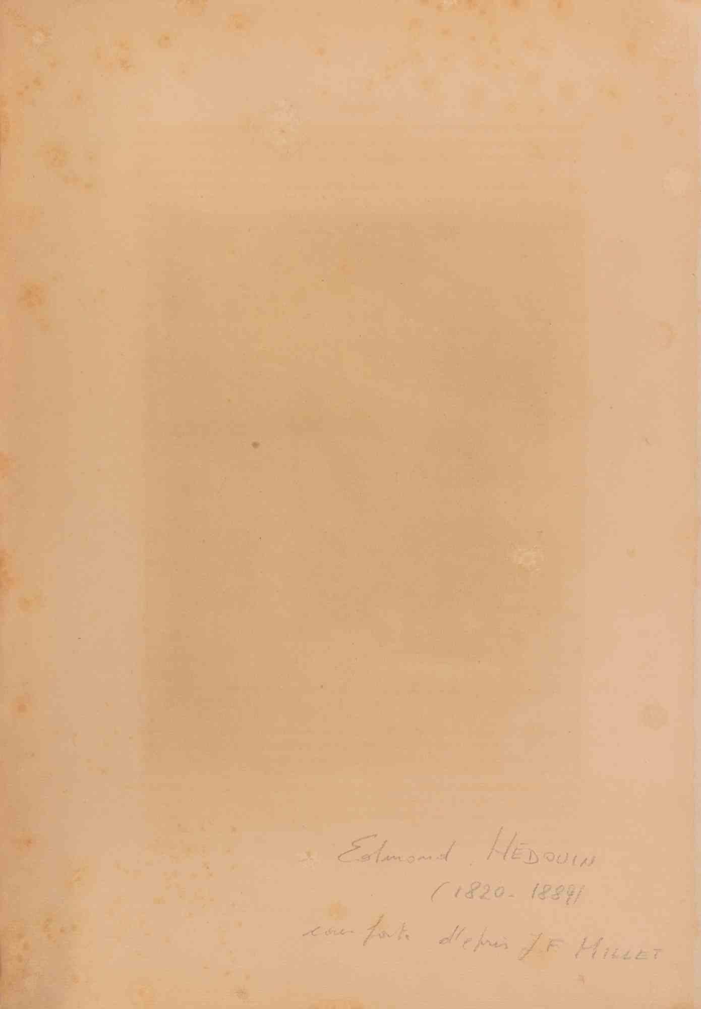 La Cueillette des Haricots - Etching by Edmon Hedouin - Mid 19th Century For Sale 1