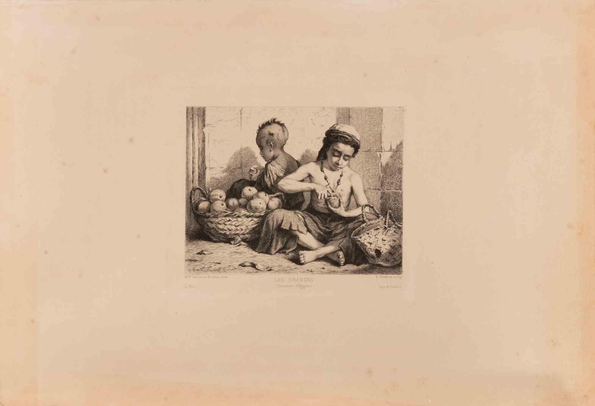 Etching after a work by Henriette Browne (1829–1901), published on "L'Art", Paris, in 1877.

This finely executed etching by Edmond Hédouin reproduces Henriette Browne’s orientalist composition, Les Oranges (Souvenir d’Égypte). The intimate scene