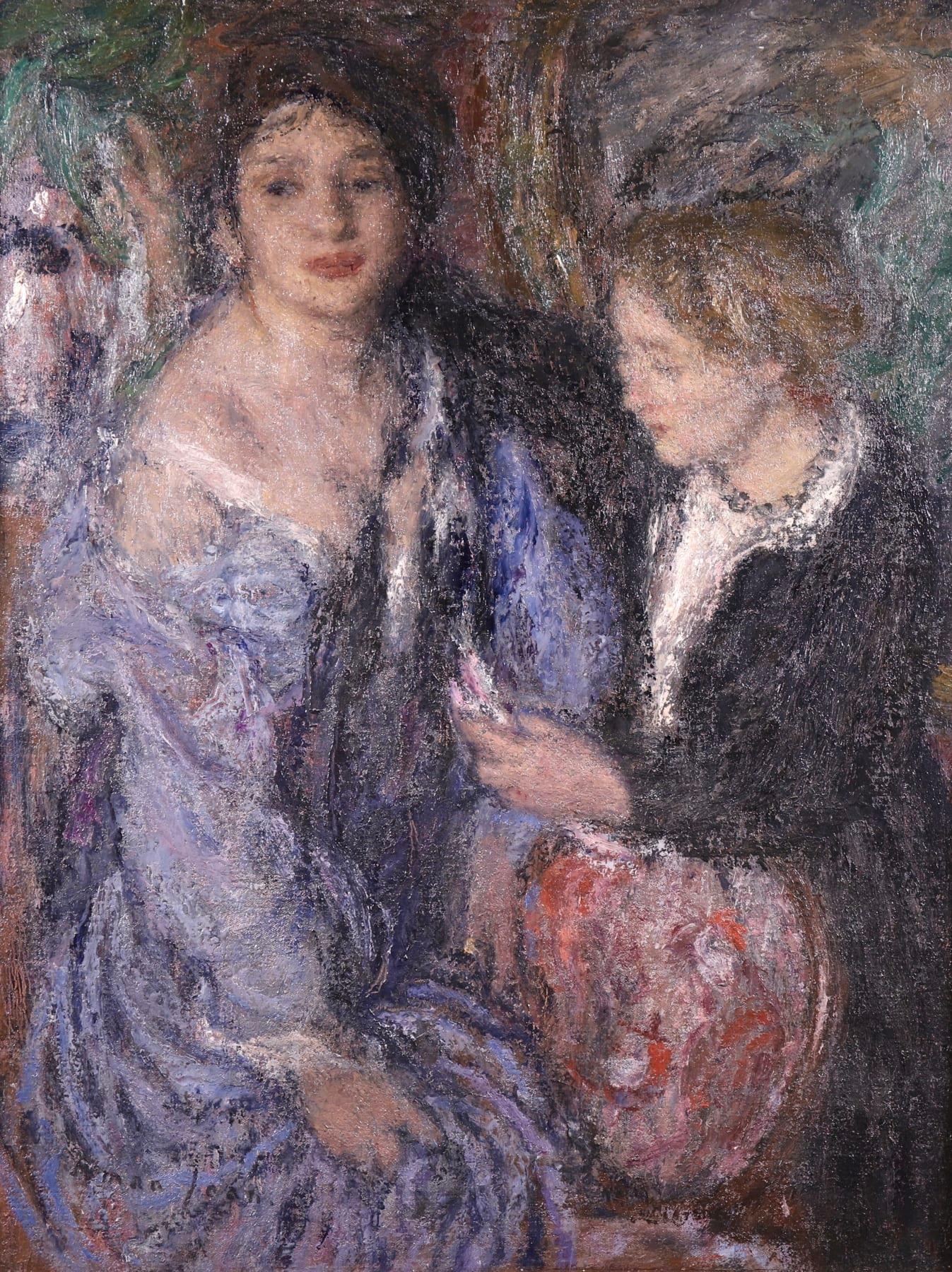 Edmond Aman-Jean Portrait Painting - Elegant Women - Impressionist Oil, Figures in Interior Edmond Francois Aman-Jean