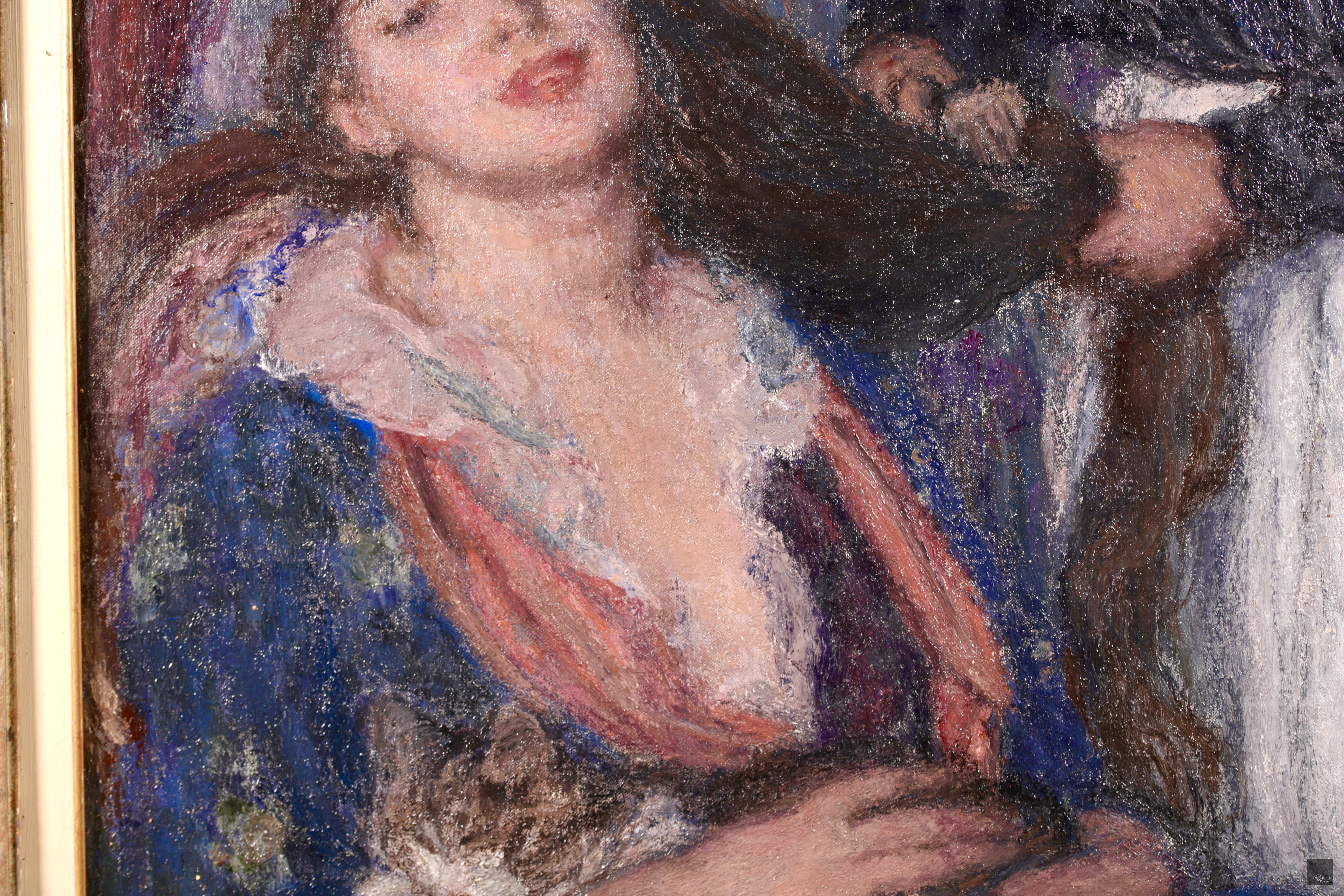 Large signed and dated figurative oil on canvas by French symbolist painter Edmond Francois Aman-Jean. The piece depicts a seated a beautiful young woman wearing a blue floral dressing gown having her long brunette hair brushed by her maid wearing