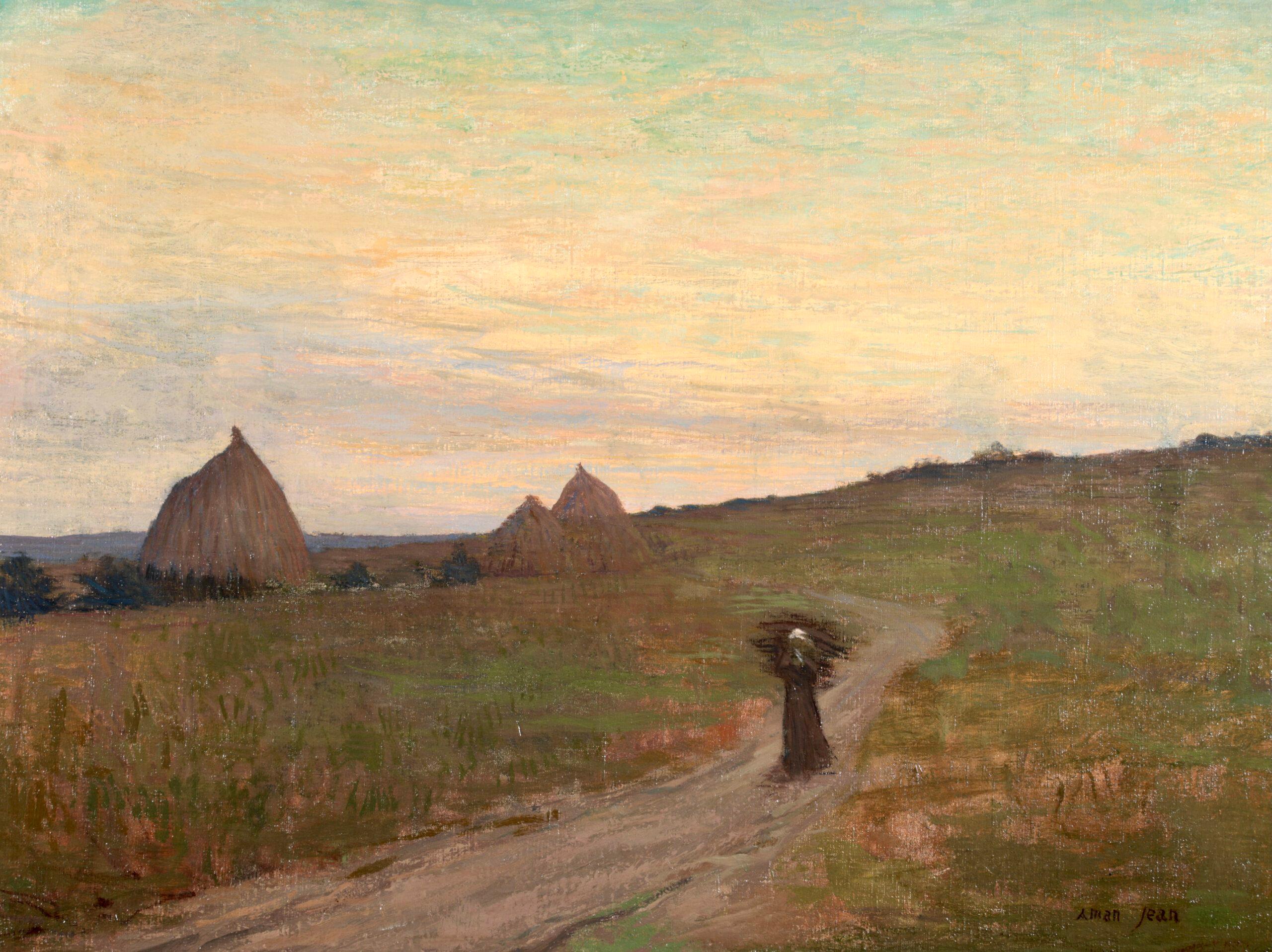 Heading Home - Sunset - Symbolist Figure in Landscape Oil by Edmond Aman-Jean For Sale 1