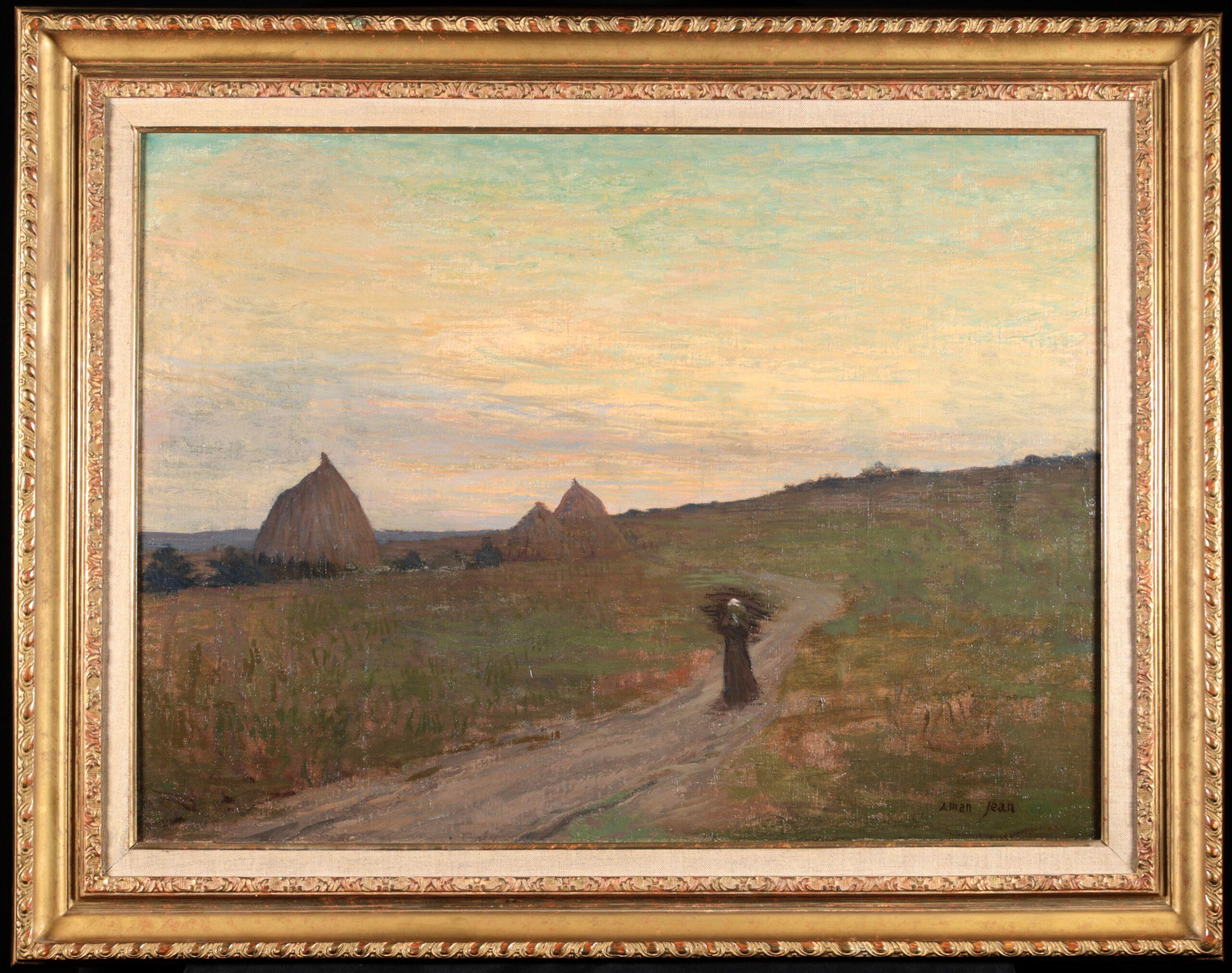Signierte symbolistische Figur in Landschaft Öl auf Original-Leinwand um 1890 von Französisch Maler Edmond Francois Aman-Jean. Das Werk zeigt eine einsame Frau, die eine Last auf einem ländlichen Weg trägt. In der Ferne geht die Sonne in den