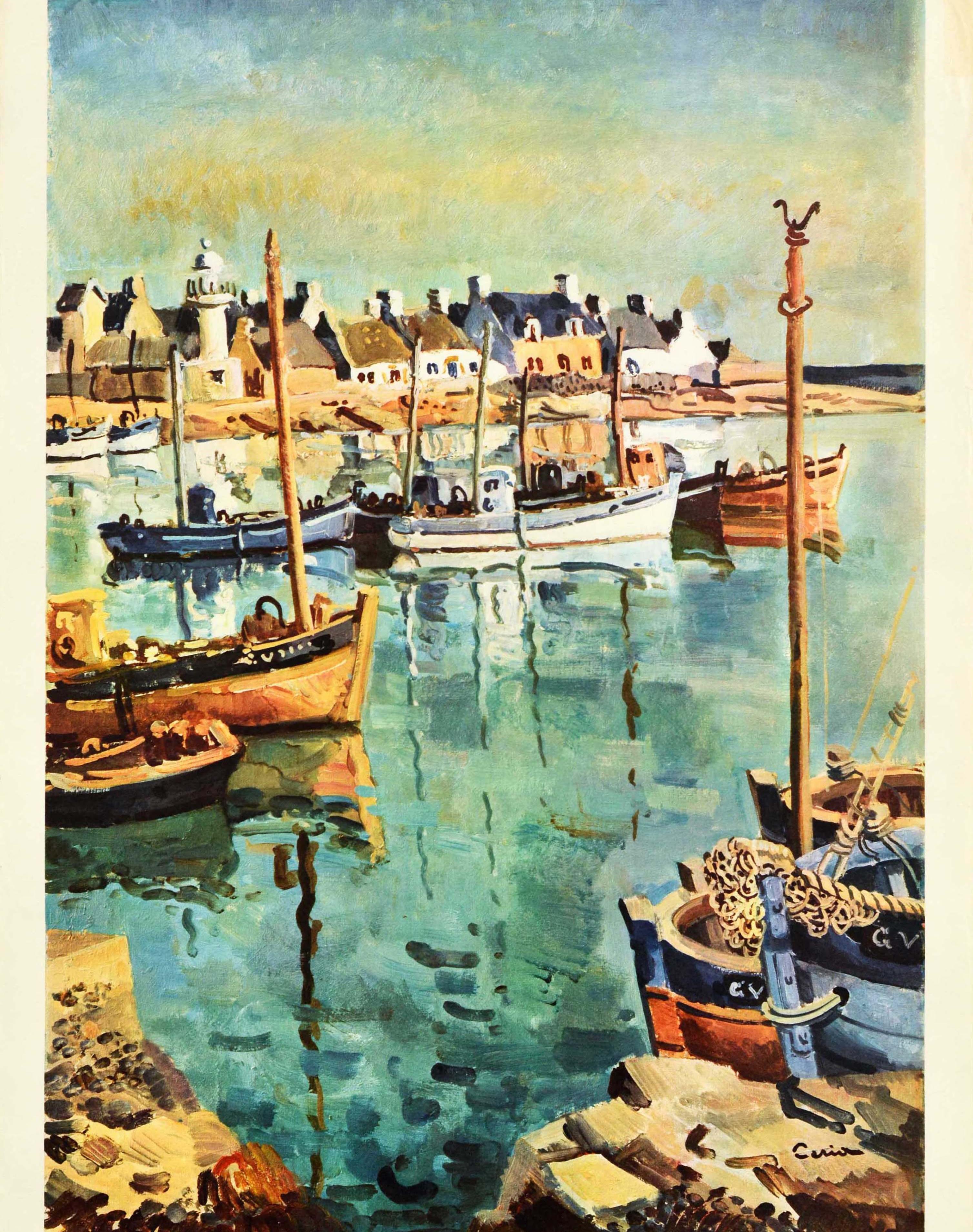 Original-Vintage-Eisenbahnplakat, Frankreich, Bretagne, Fischenboot, Hafen, Reise, Kunst (Beige), Print, von Edmond Céria