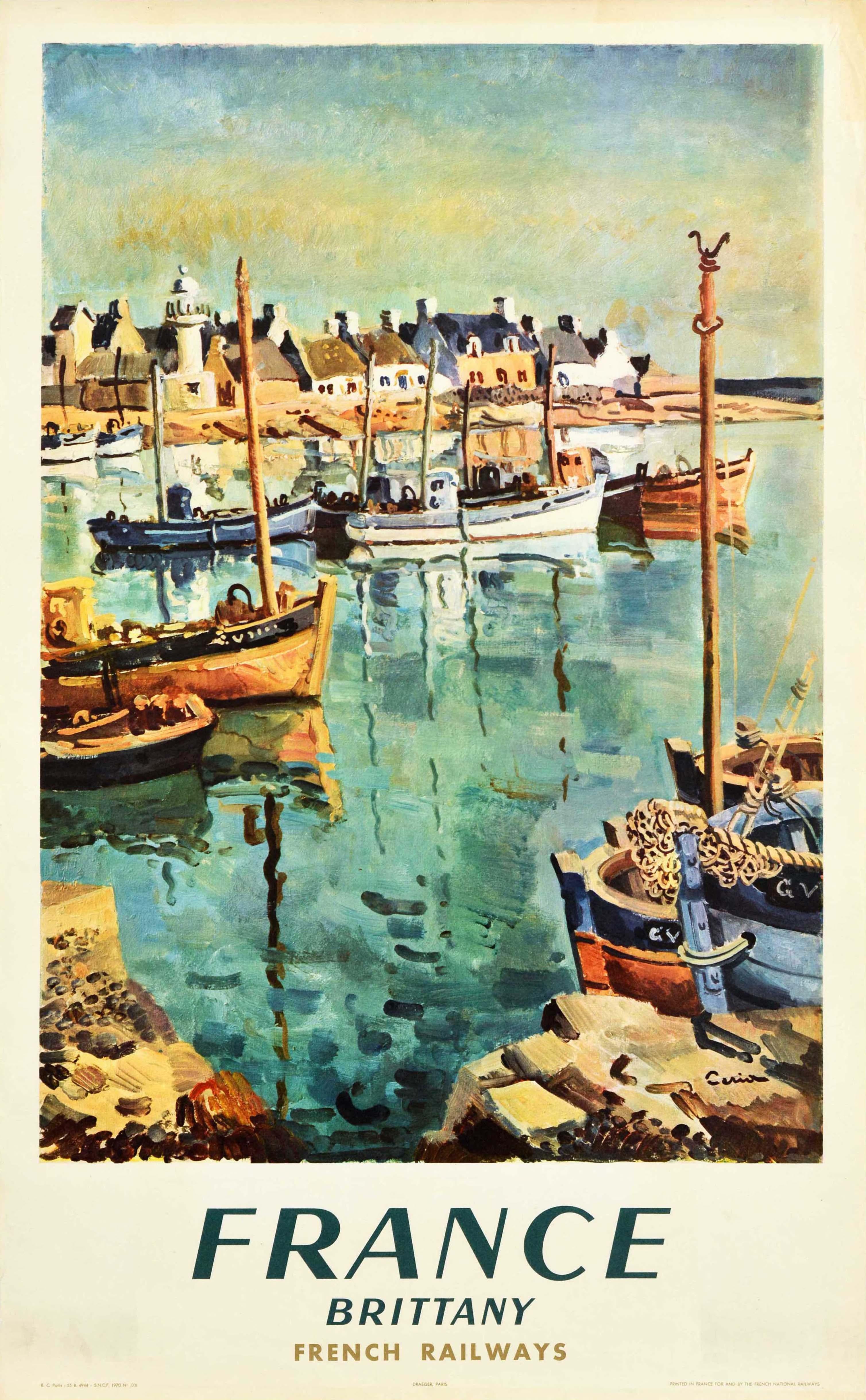 Edmond Céria Print – Original-Vintage-Eisenbahnplakat, Frankreich, Bretagne, Fischenboot, Hafen, Reise, Kunst