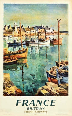 Original Retro Railway Poster France Brittany Fishing Boat Harbour Travel Art