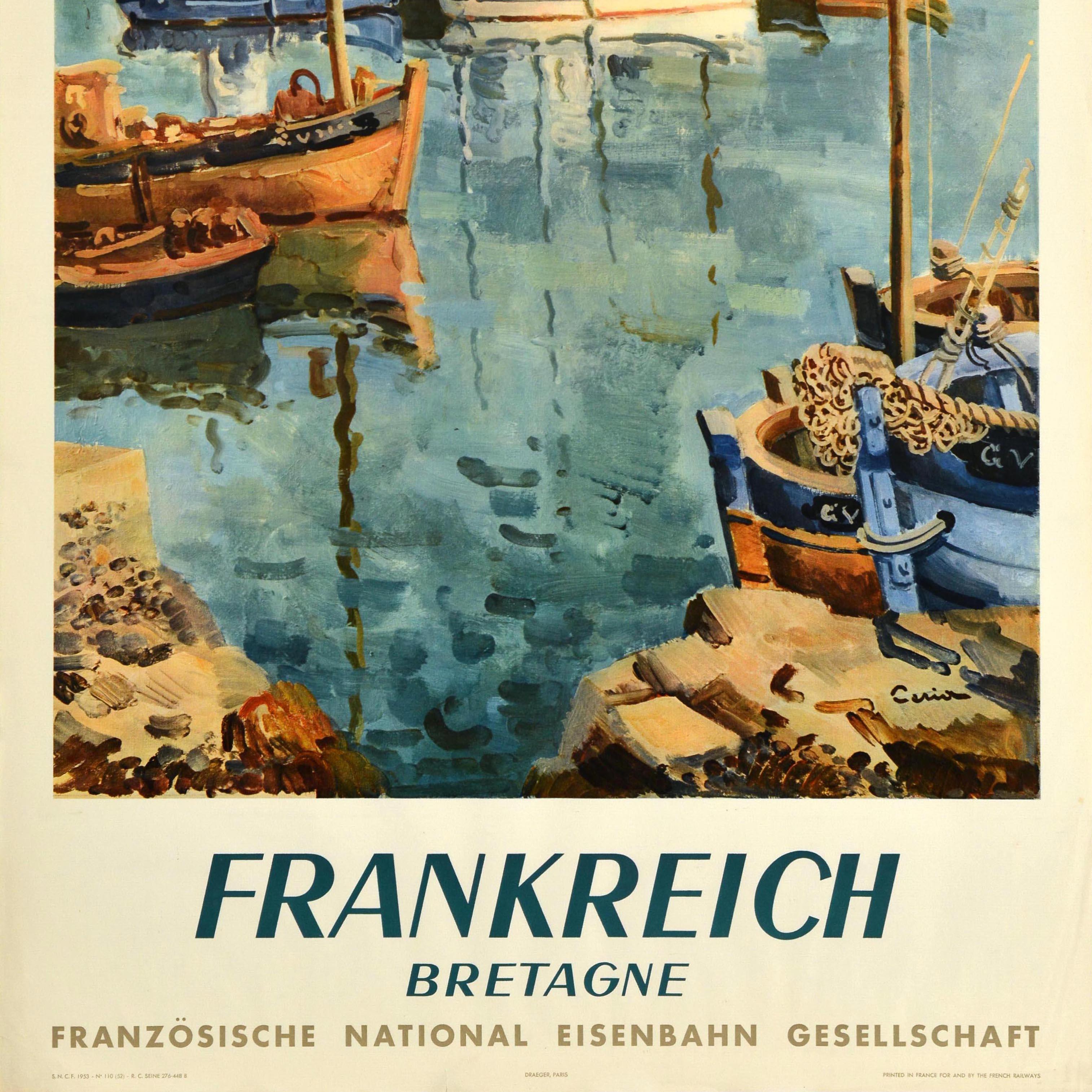 Affiche originale de voyage ferroviaire pour la France et la Bretagne en allemand - Frankreich Bretagne - publiée par la Société Nationale des Chemins de Fer Français (SNCF ; fondée en 1938). Elle présente une peinture colorée représentant une vue