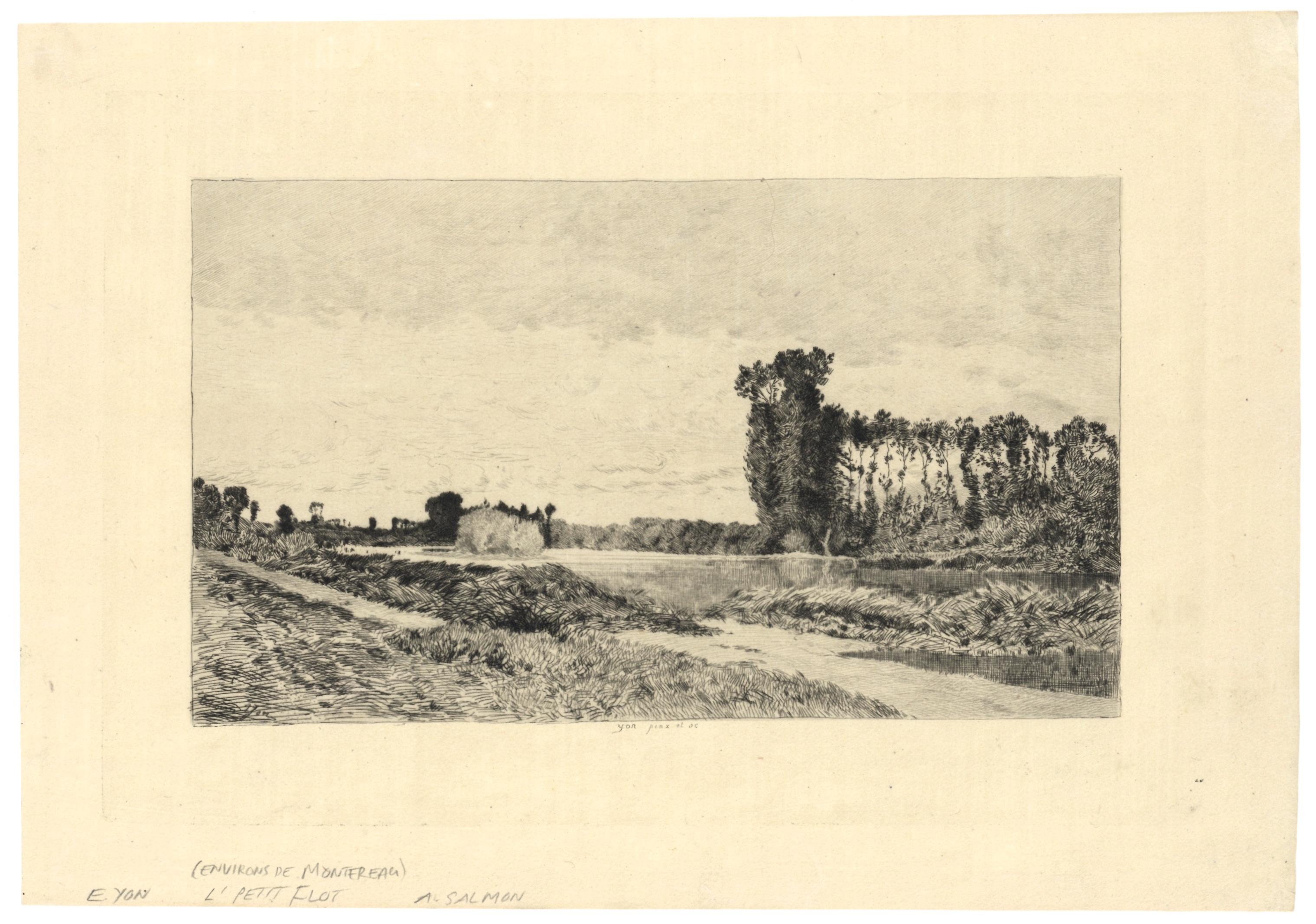 Medium: original etching. This impression on japon paper was printed in 1875 and published in Paris by L'Art. Image size: 5 1/8 x 9 inches (132 x 225 mm). Signed in the plate; not hand-signed. 

Condition: a previous owner's penciled annotation can