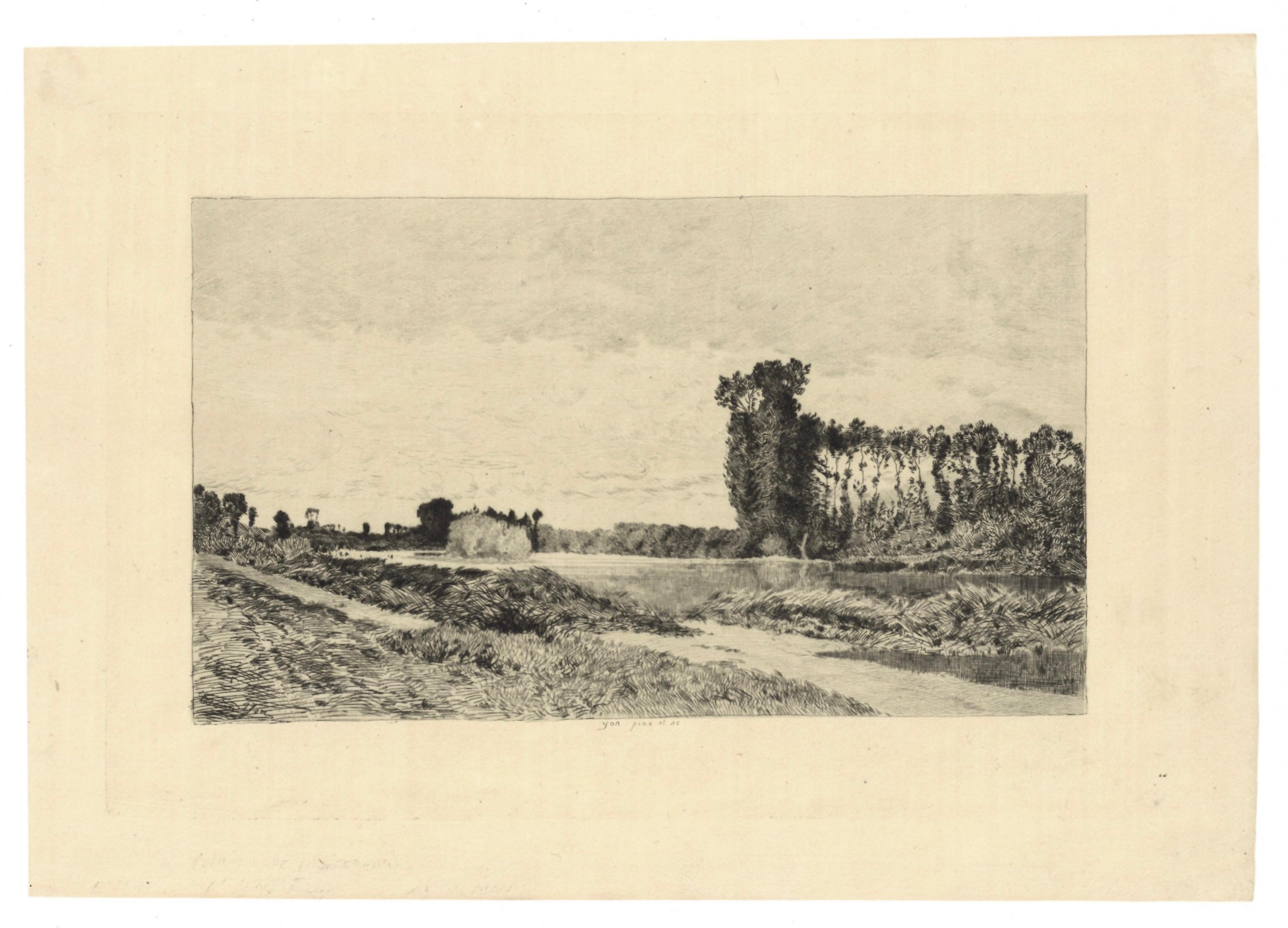 "Le Petit Flot - Environs de Montereau" original etching - Print by Edmond Charles Joseph Yon