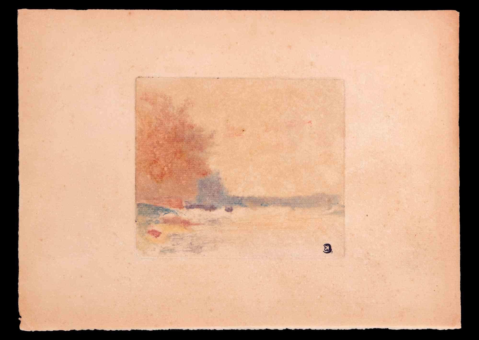 Landscape is an original etching realized in the early 20th Century by Edmond Cuisinier (1857-1917).

Good conditions except for being aged.

Monogrammed.

The artwork is depicted through deft strokes by mastery.
