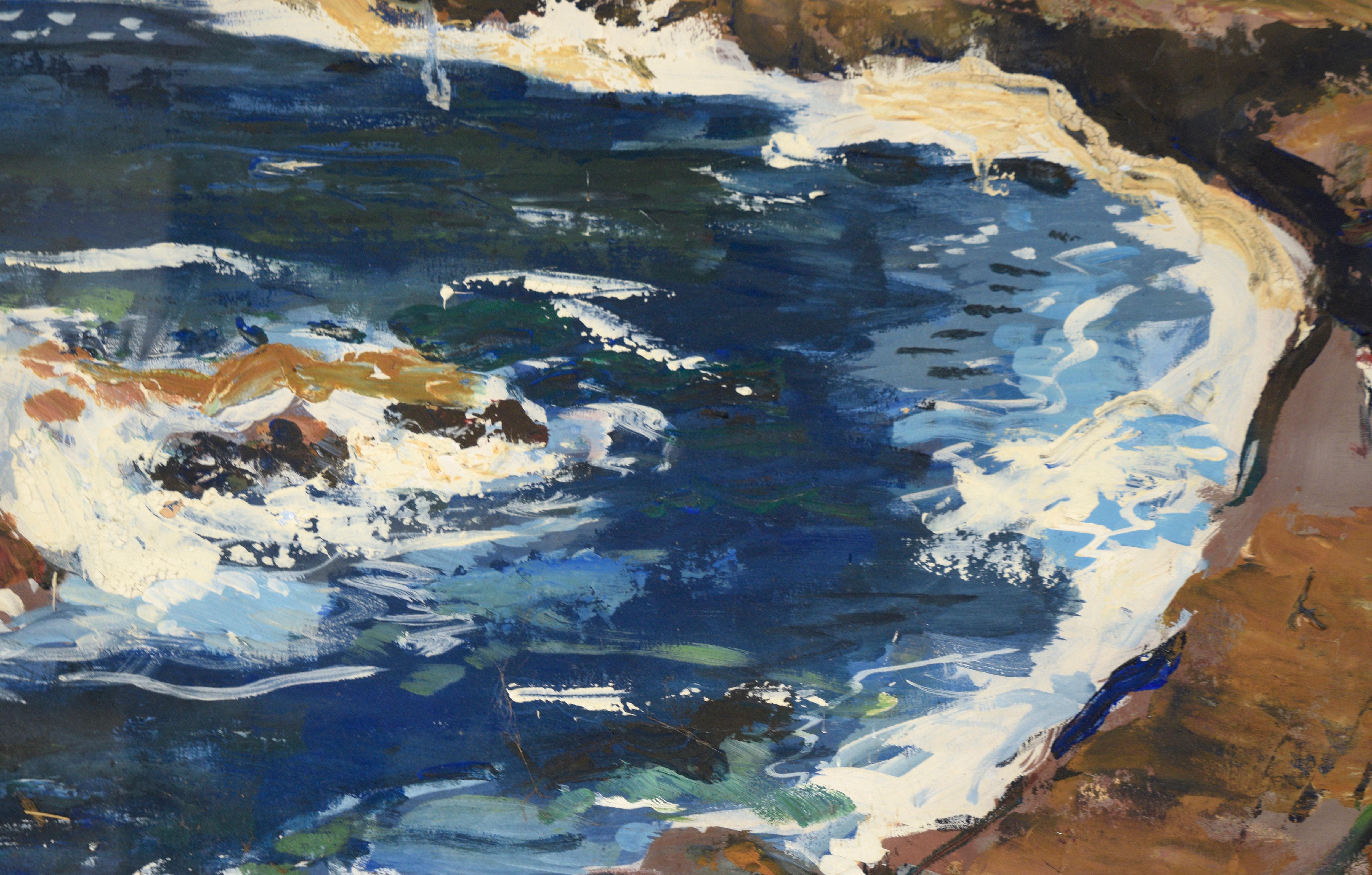 Bold seascape by Edmond Donald Mauberret (American, 1921-2004). From a vantage point high on the coast, the viewer overlooks cliffs on the edge of the Pacific as the artist sits on the rocks painting the view. Dark blue seas crash into the coast,