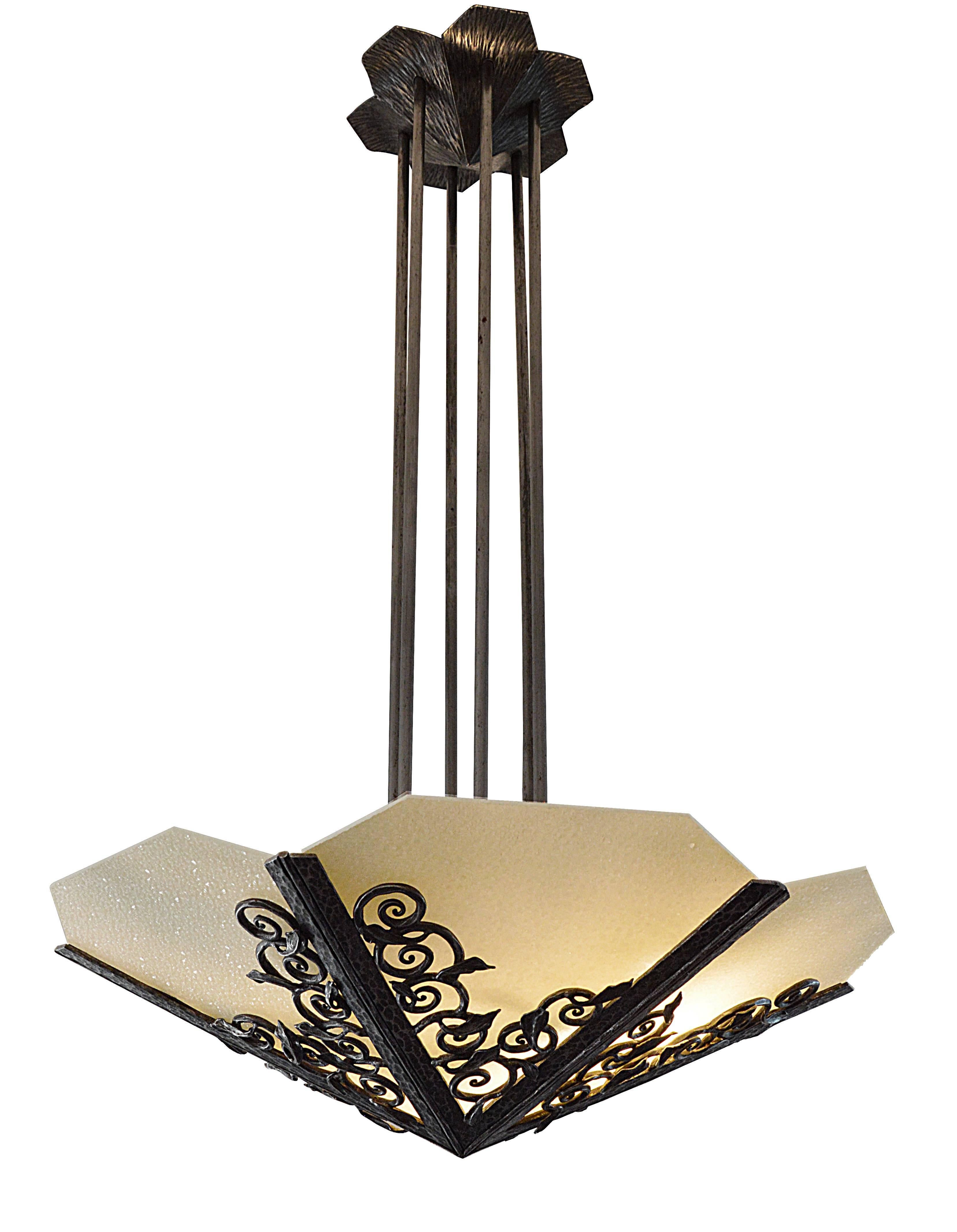 Enameled Edmond Delion Large French Art Deco Wrought Iron Chandelier, circa 1920