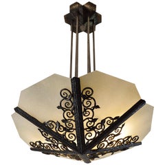 Edmond Delion Grand lustre Art Déco français en fer forgé:: vers 1920