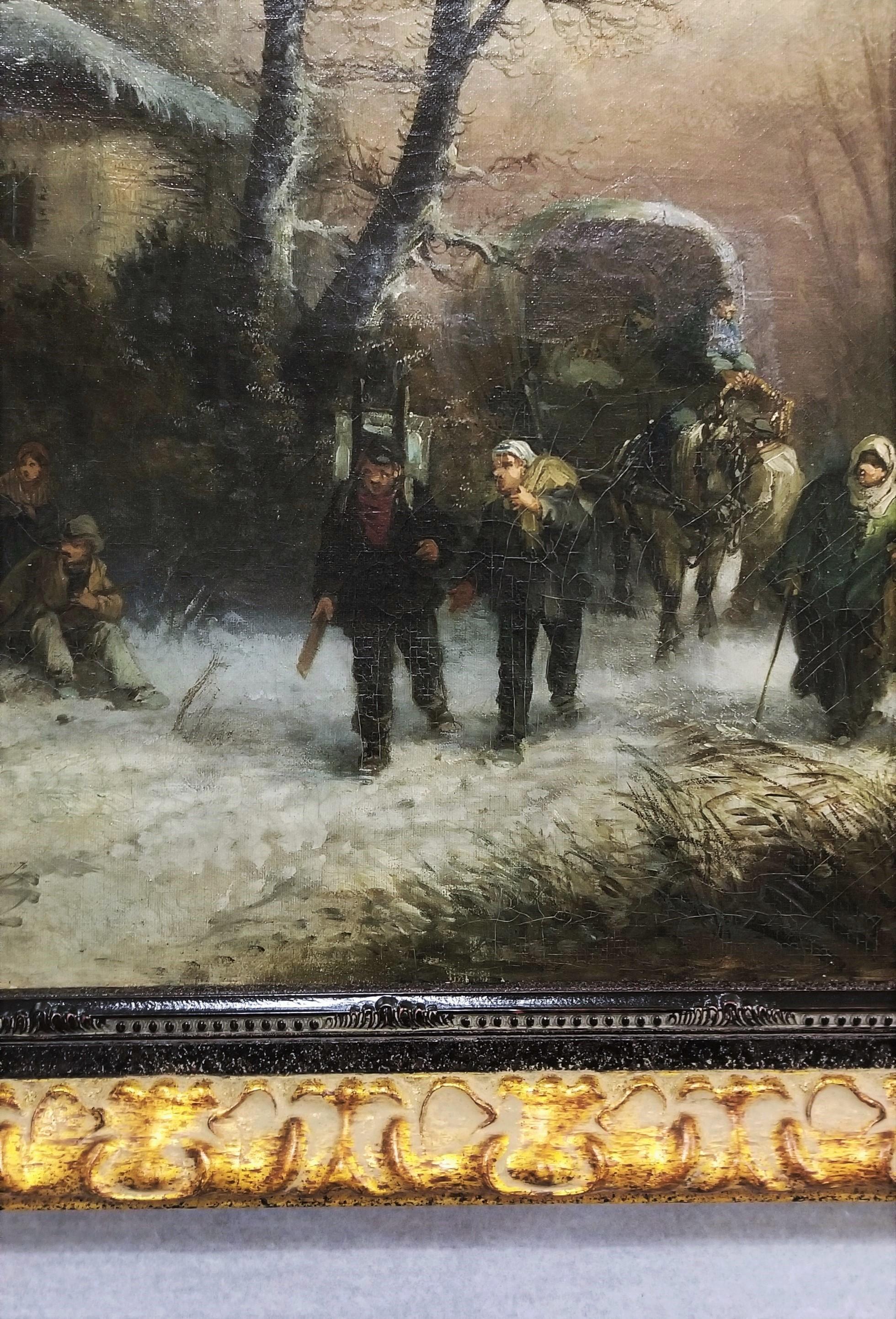 Voyageurs en Hiver (Travellers in Winter) /// Antique Oil Painting Landscape For Sale 5