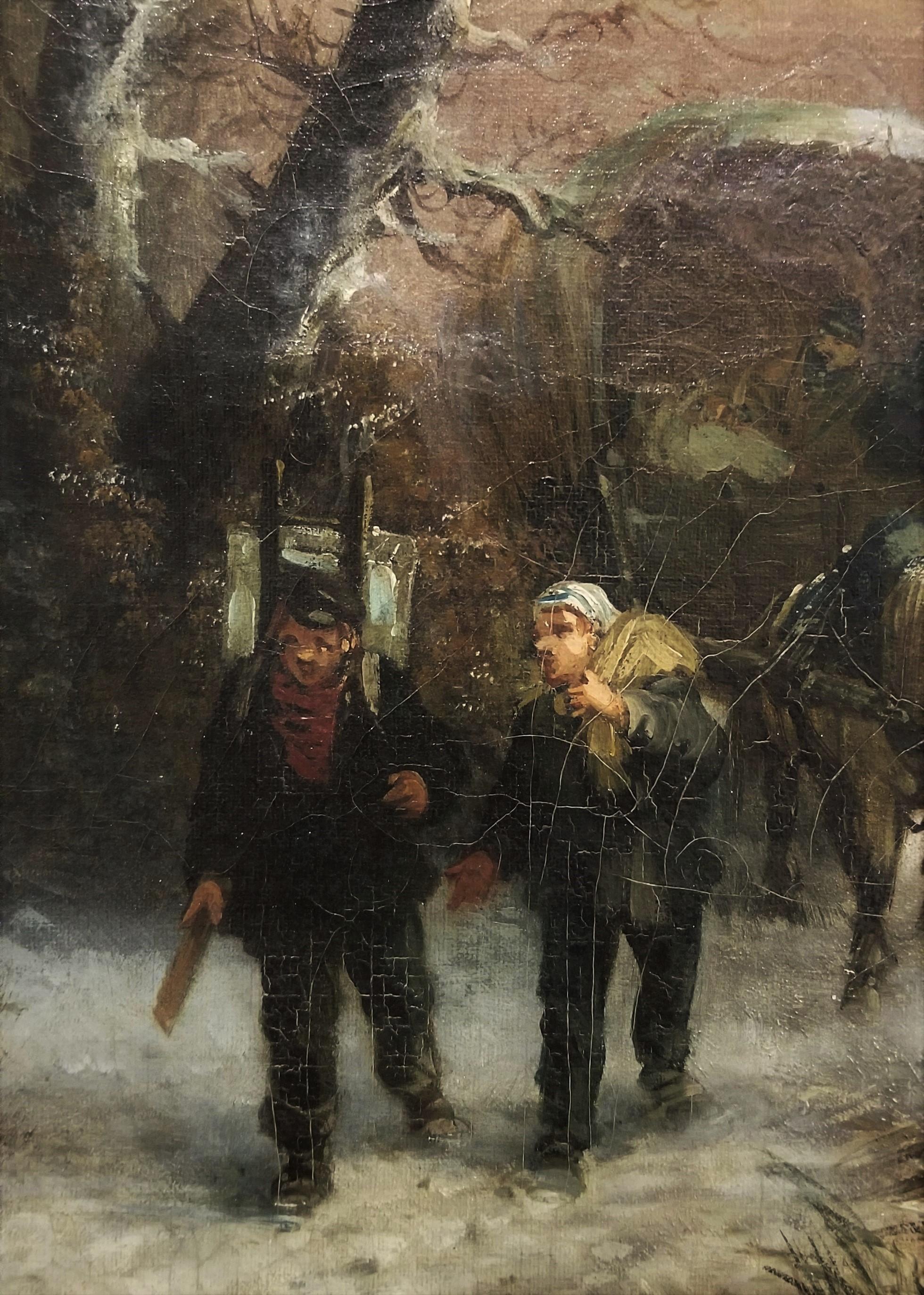 Voyageurs en Hiver (Travellers in Winter) /// Antique Oil Painting Landscape For Sale 6