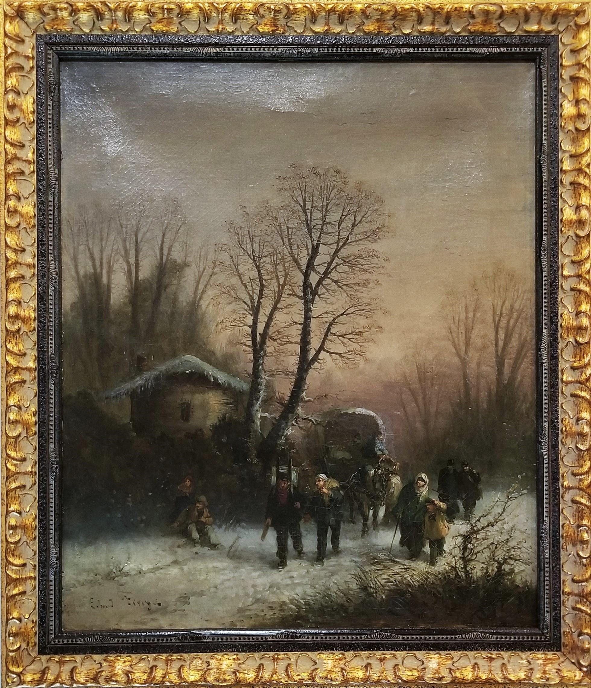 Voyageurs en Hiver ( Travellers in Winter) /// Peinture à l'huile ancienne de paysage - Painting de Edmond Firey