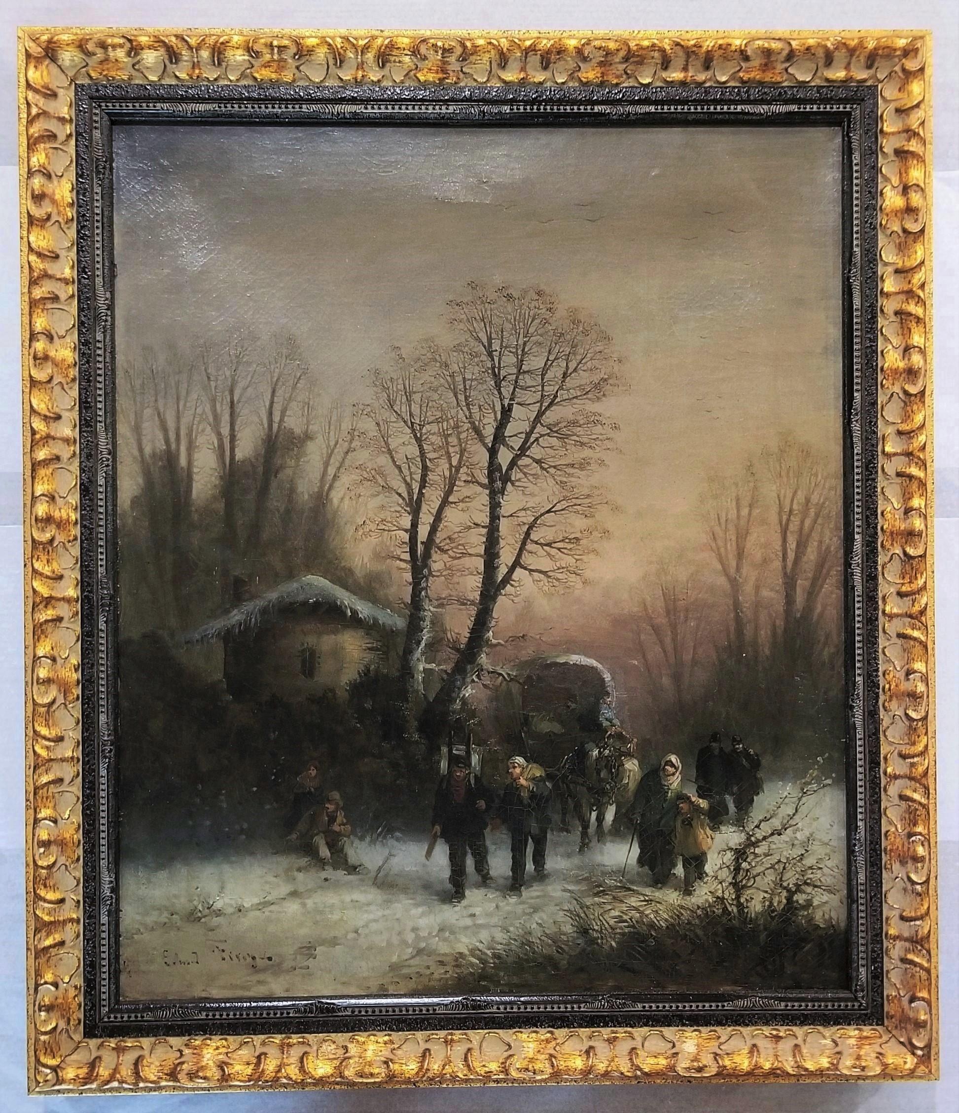 Voyageurs en Hiver ( Travellers in Winter) /// Peinture à l'huile ancienne de paysage - Victorien Painting par Edmond Firey