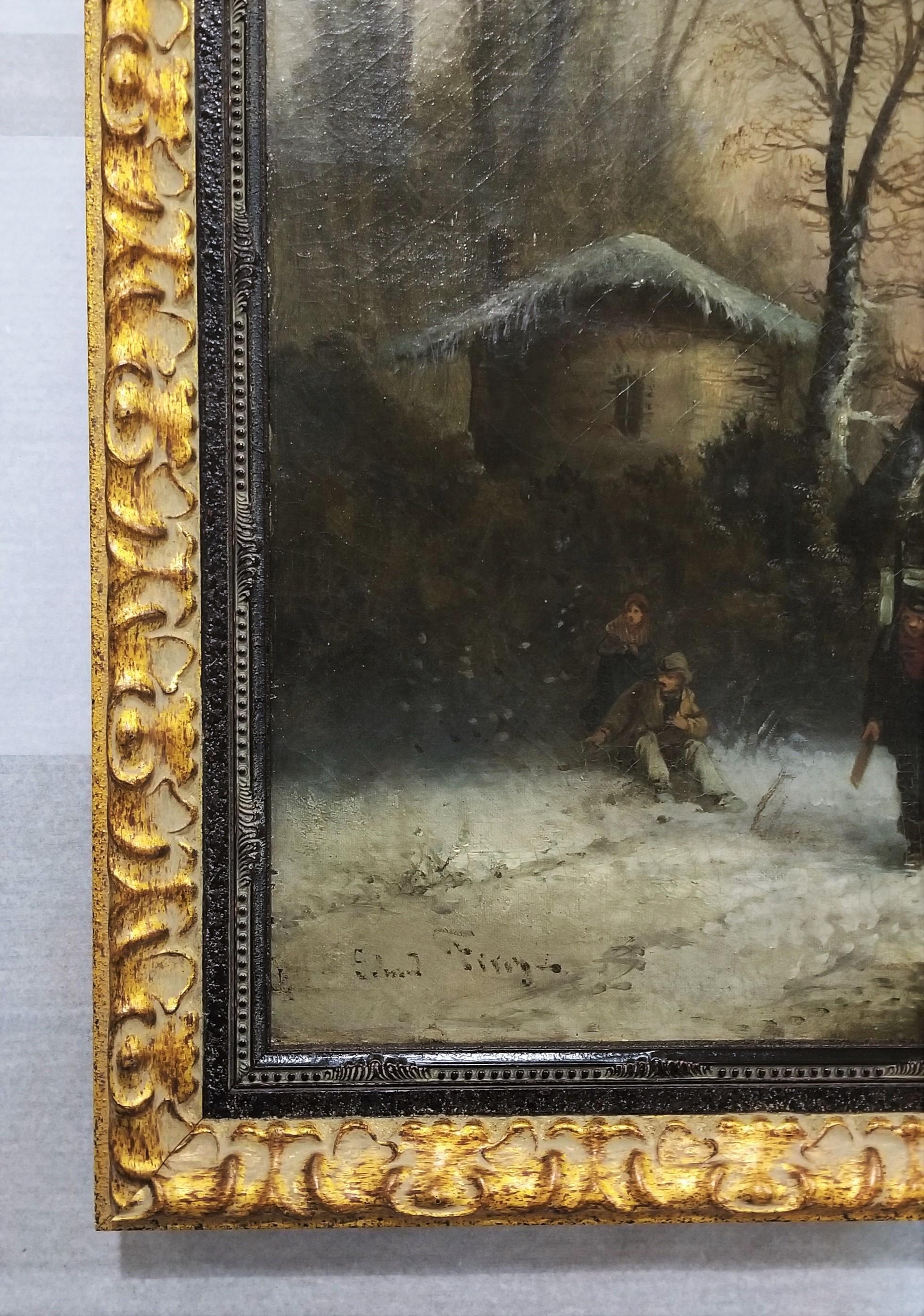 Voyageurs en Hiver ( Travellers in Winter) /// Peinture à l'huile ancienne de paysage - Marron Figurative Painting par Edmond Firey