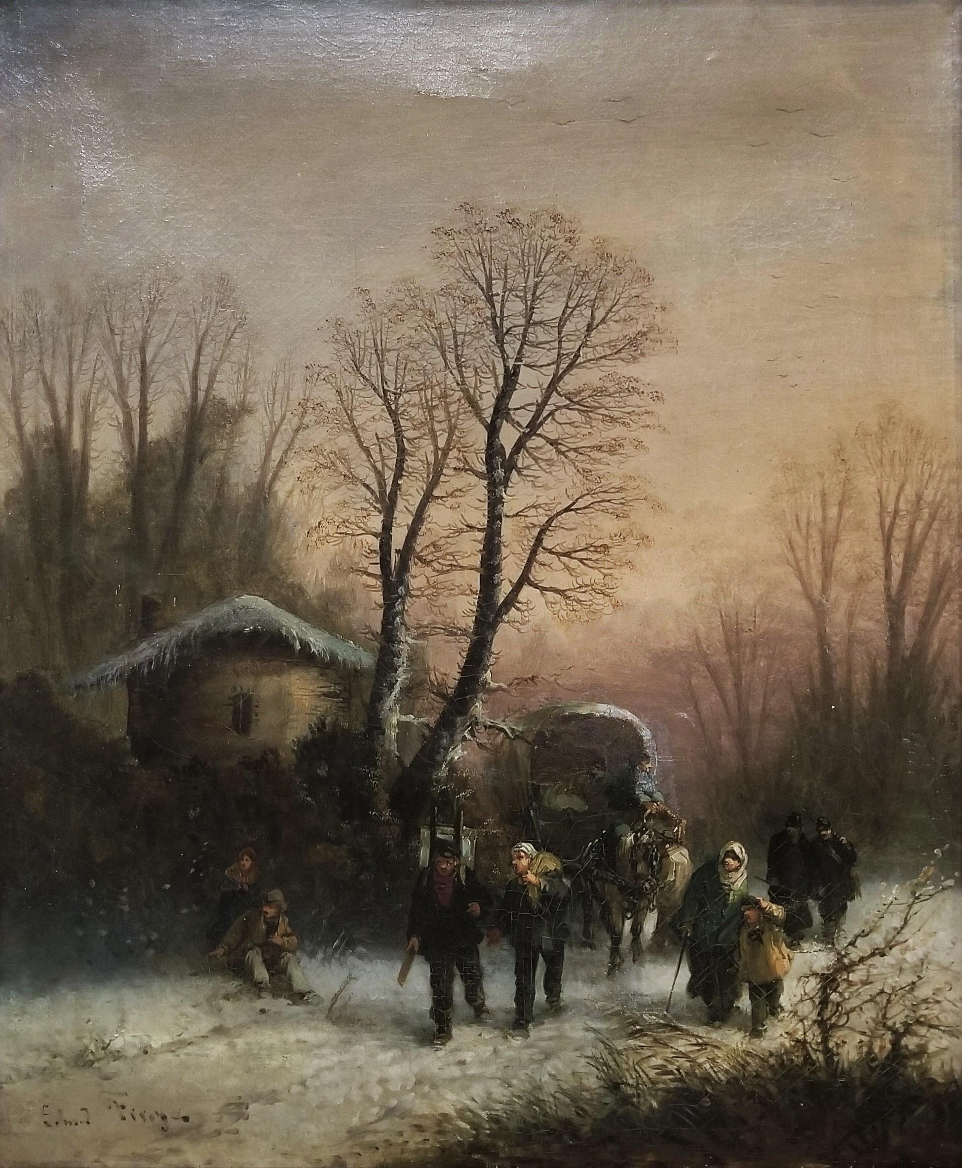 Figurative Painting Edmond Firey - Voyageurs en Hiver ( Travellers in Winter) /// Peinture à l'huile ancienne de paysage