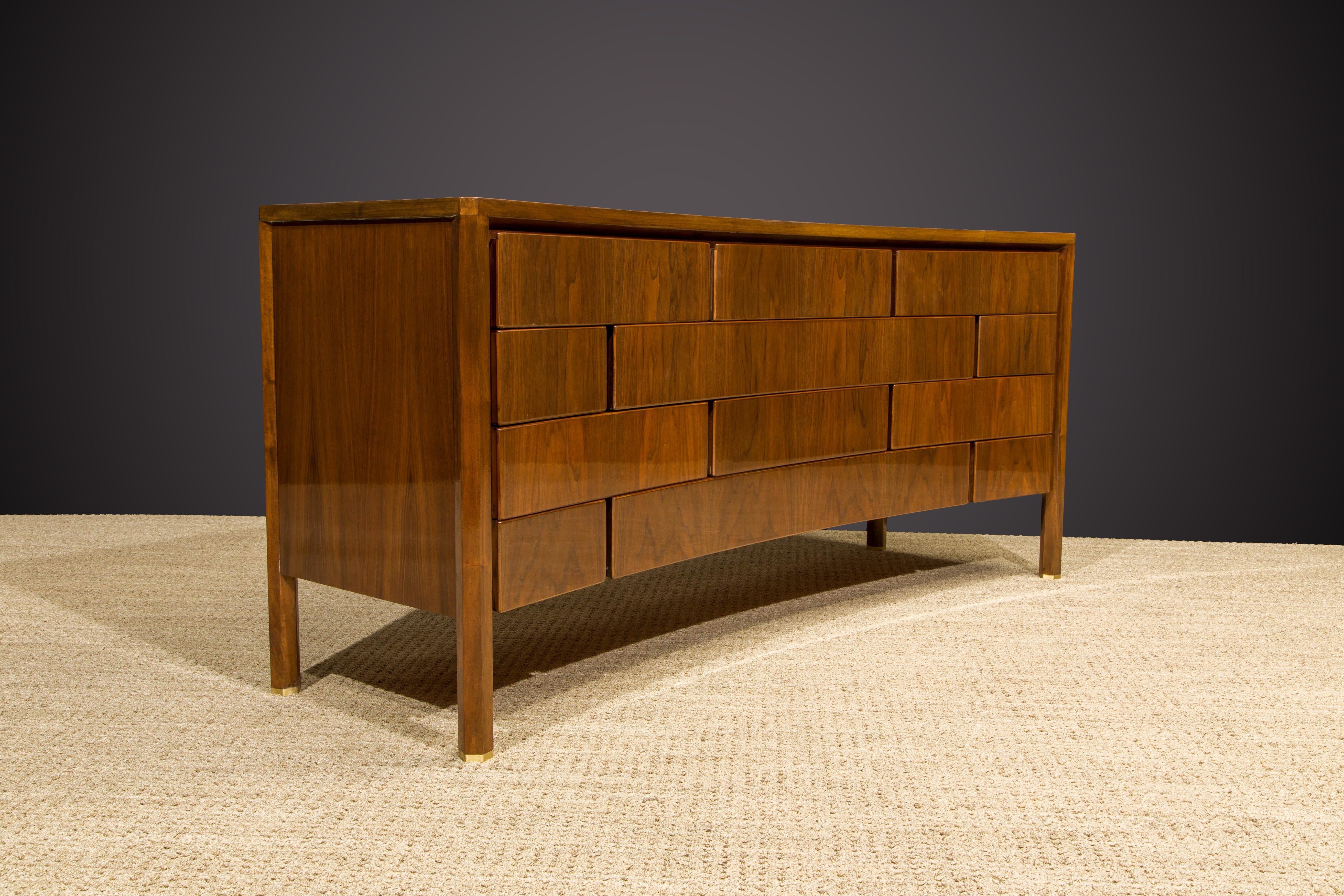 Swedish Edmond J. Spence Architectural 12-Drawer Curved Dresser, c 1960, Signed 