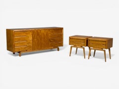 Edmond J Spence, Dresser and Nightstands, Burled Maple, Bentwood, Sweden, 1960s