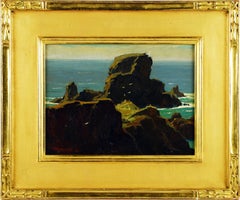 Antique Impressionist Oregon Coastal Signed Framed Oil Painting Ecola Rocks