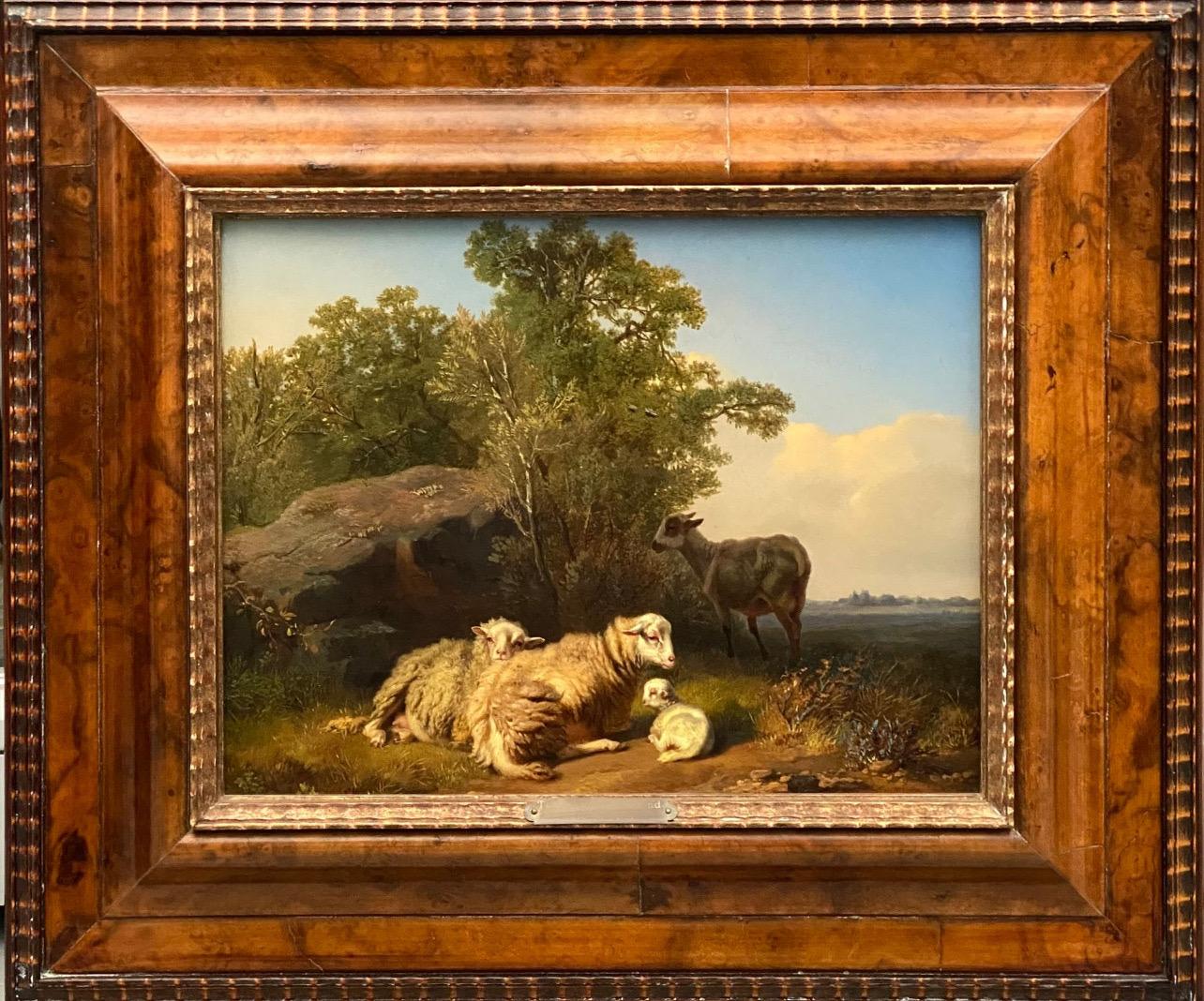Dipinto del XIX secolo Una famiglia di pecore con un agnellino in un paesaggio - Painting Romantico di Edmond Jean-Baptiste Tschaggeny